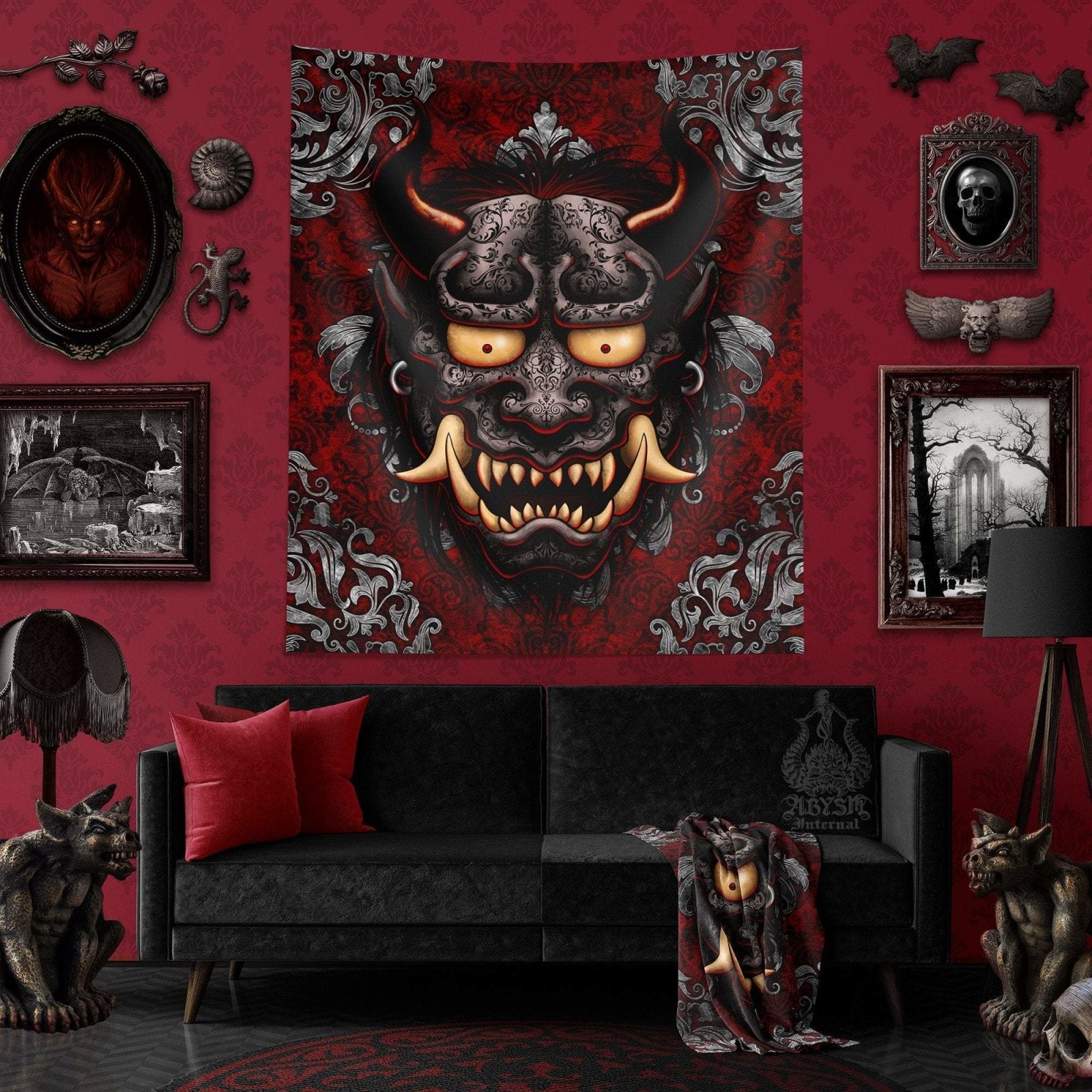 Gothic Tapestry, Oni Wall Hanging, Japanese Demon, Gamer Home Decor, Art Print - Goth Gargoyle - Abysm Internal