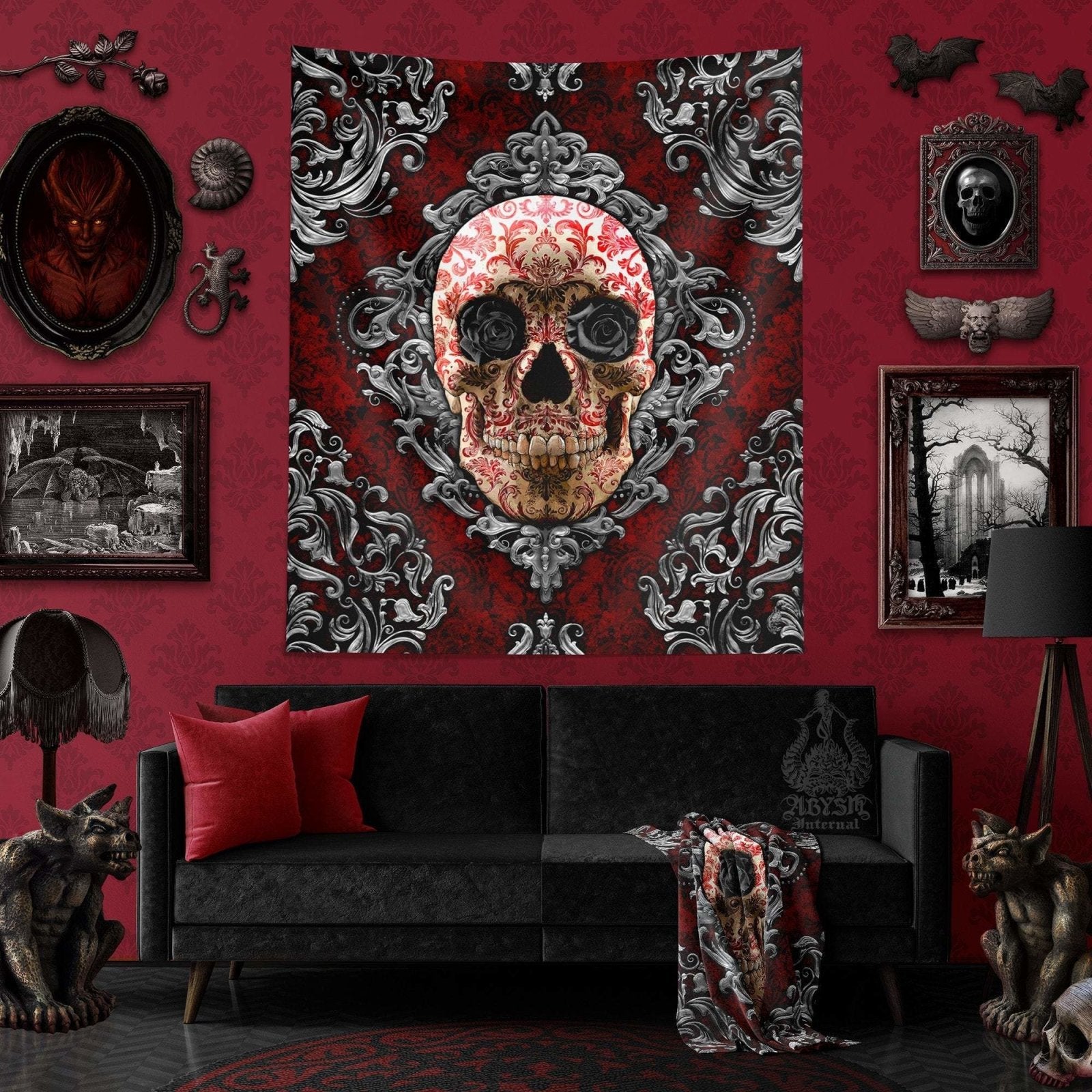 Gothic Tapestry, Skull Wall Hanging, Macabre Home Decor, Art Print - Goth & Black Roses - Abysm Internal