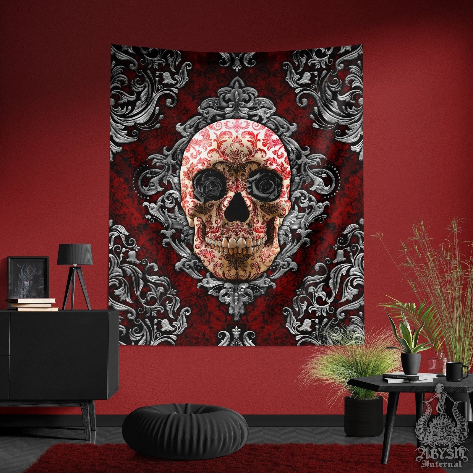 Gothic Tapestry, Skull Wall Hanging, Macabre Home Decor, Art Print - Goth & Black Roses - Abysm Internal