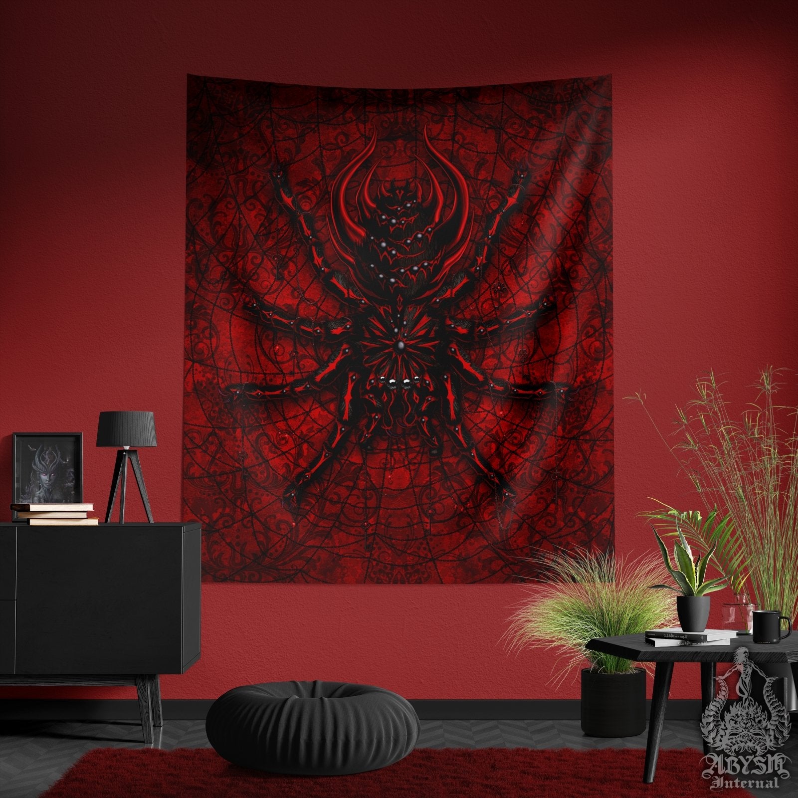 Gothic Tapestry, Spider Wall Hanging, Goth Home Decor, Tarantula Art Print - Bloody Black - Abysm Internal