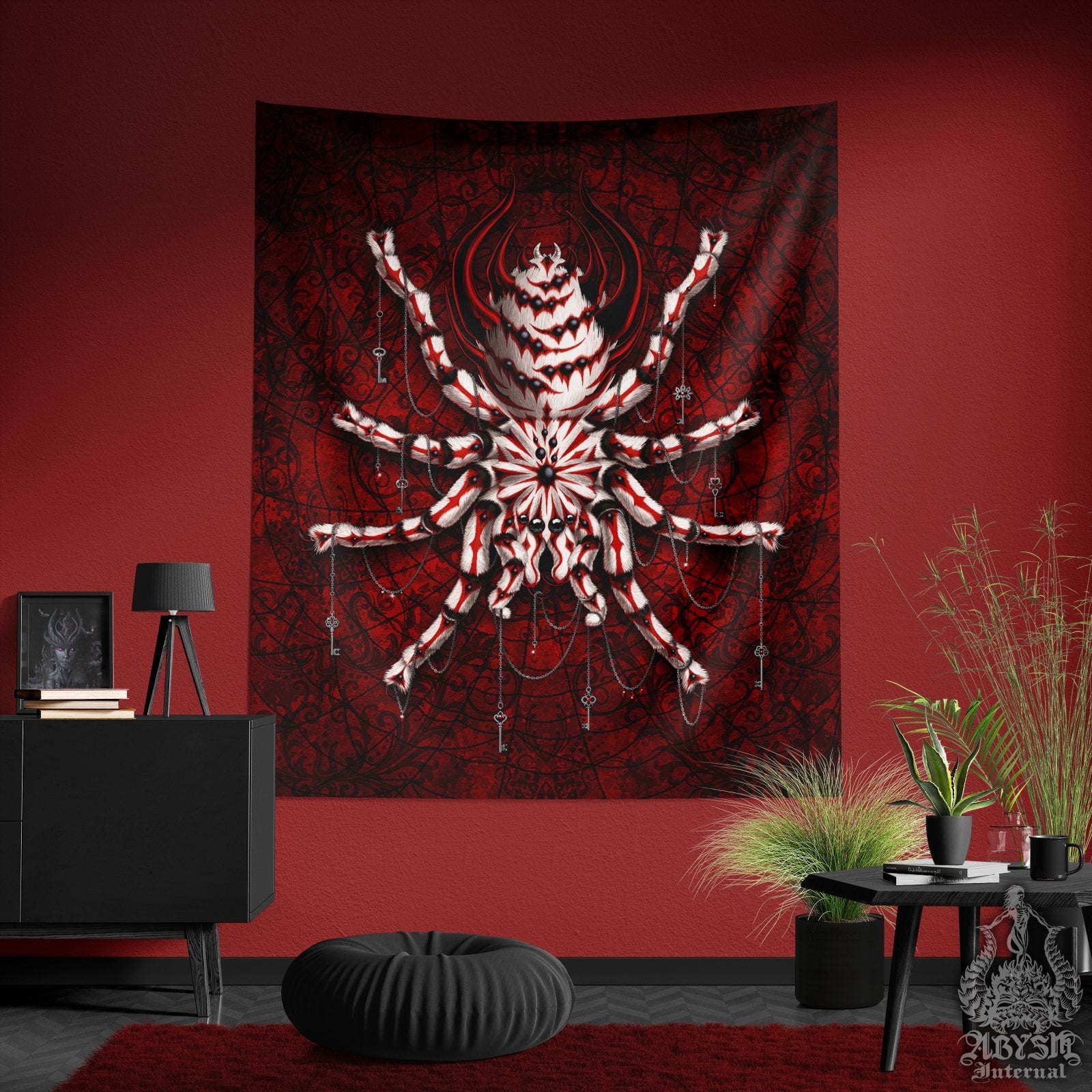 Gothic Tapestry, Spider Wall Hanging, Goth Home Decor, Tarantula Art Print - Bloody White - Abysm Internal