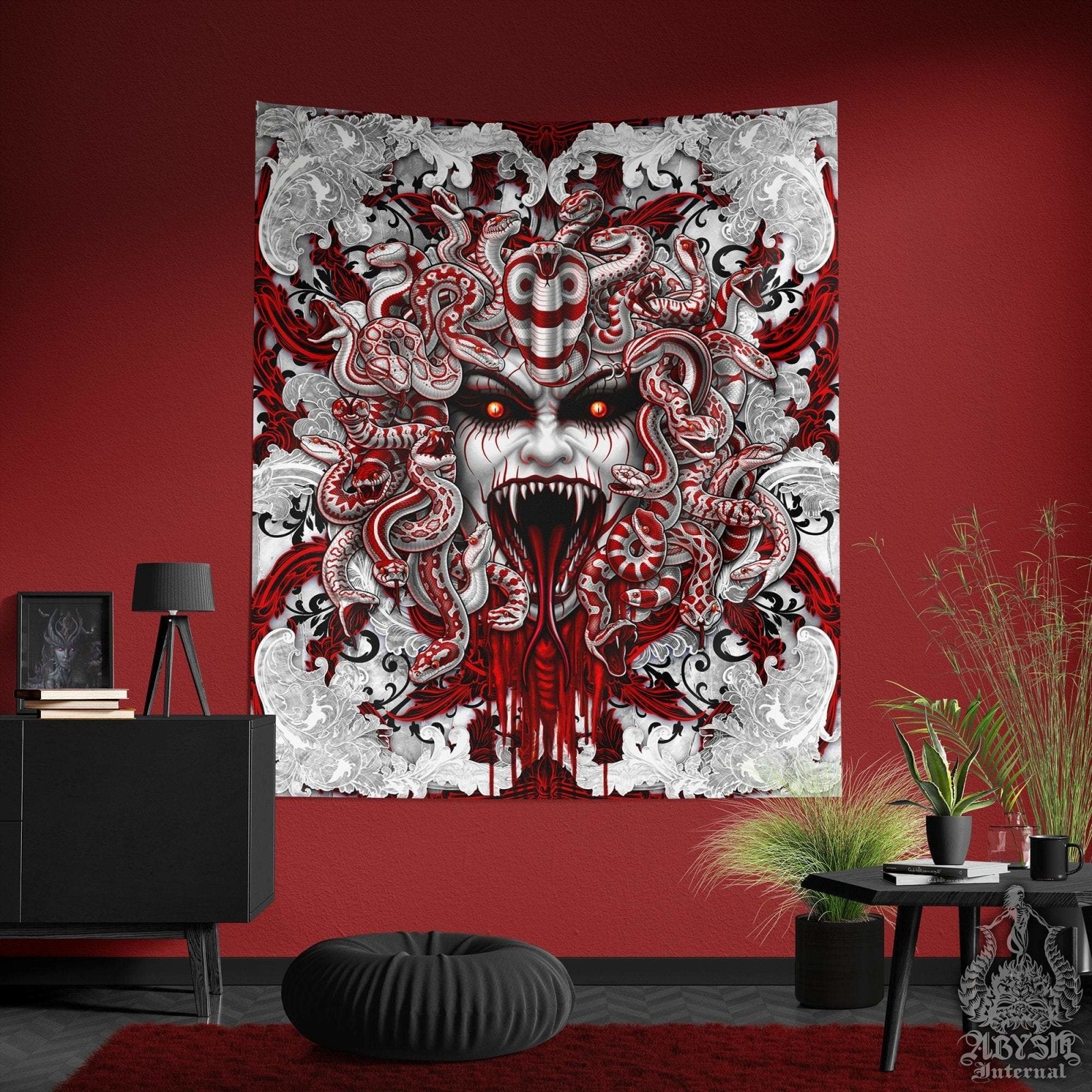 Gothic Tapestry, White Goth Wall Hanging, Horror Home Decor, Art Print - Medusa & Snakes, 3 Faces, Bloody - Abysm Internal