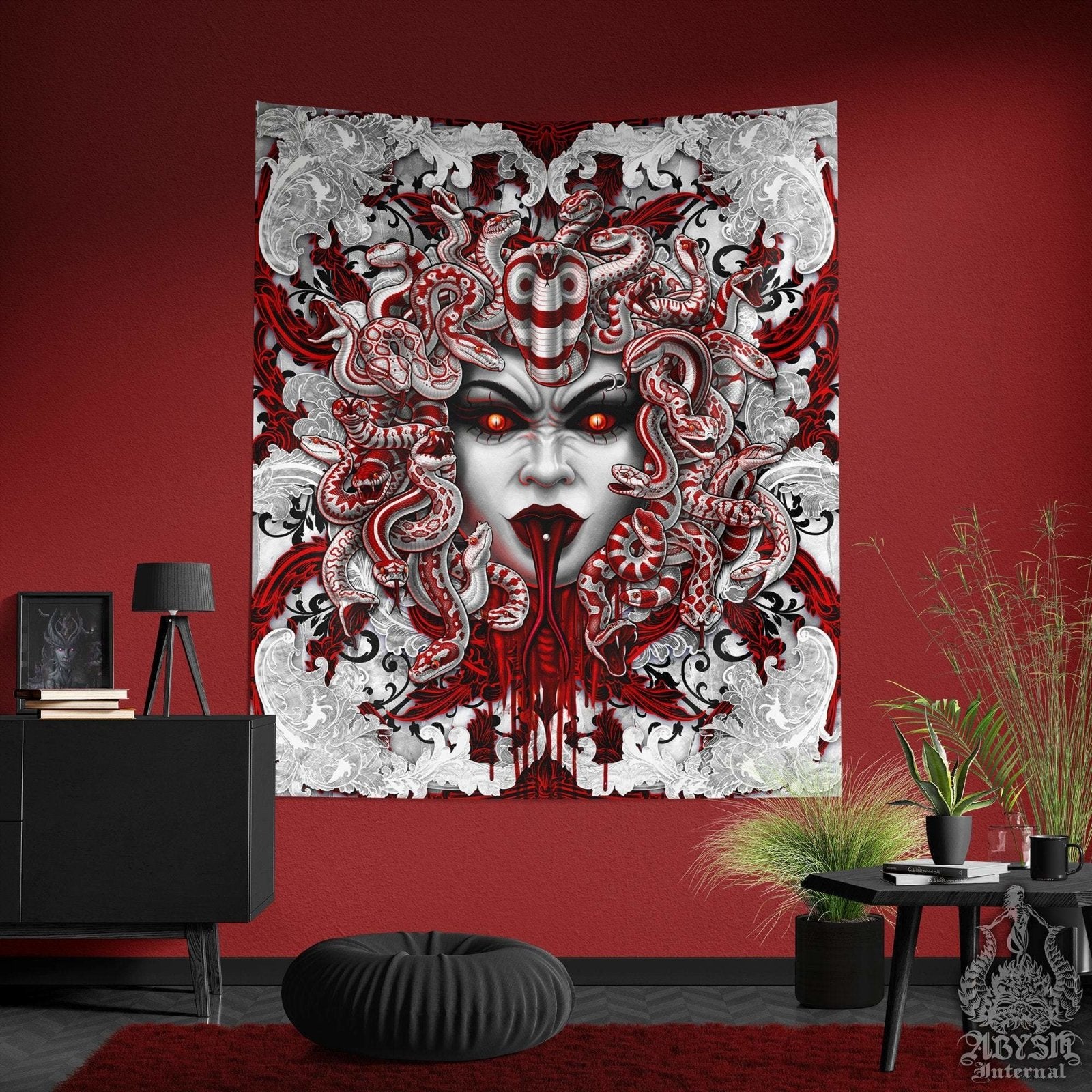 Gothic Tapestry, White Goth Wall Hanging, Horror Home Decor, Art Print - Medusa & Snakes, 3 Faces, Bloody - Abysm Internal
