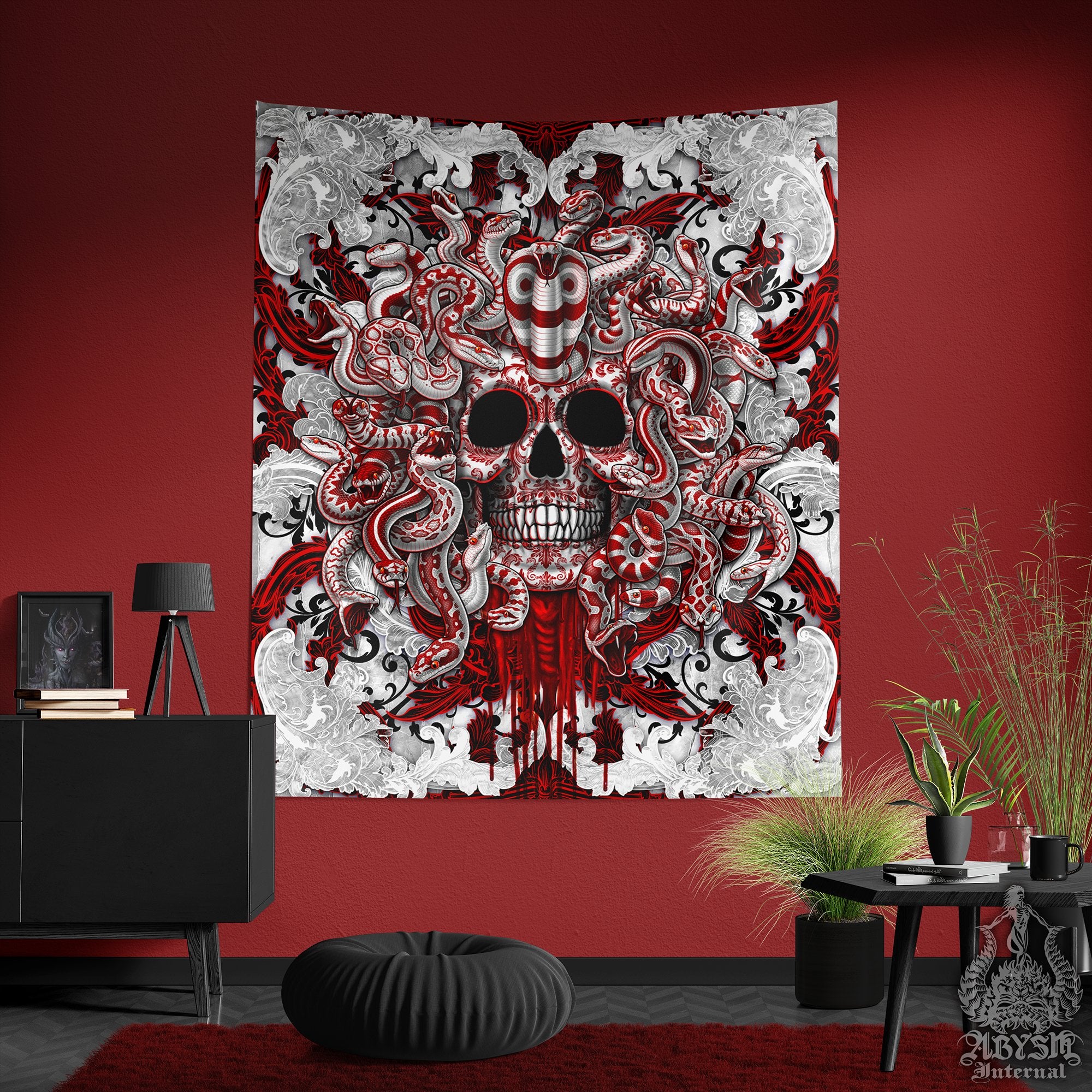 Gothic Tapestry, White Goth Wall Hanging, Horror Home Decor, Vertical Art Print - Medusa, Skull & Snakes, 4 Faces, Bloody - Abysm Internal