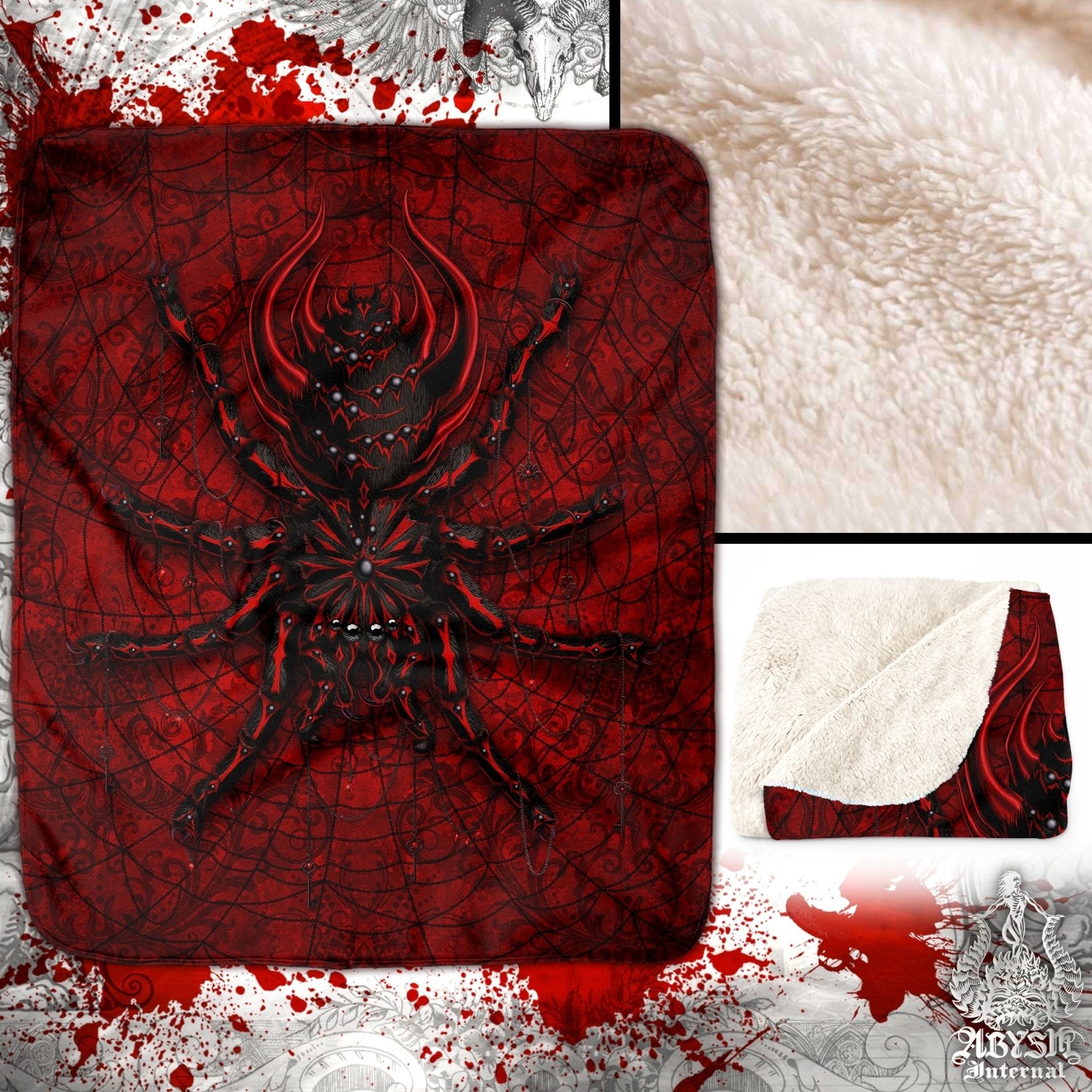 Gothic Throw Fleece Blanket, Dark Gift, Goth Home Decor, Alternative Art Gift - Bloody Red, Black Spider, Tarantula Art - Abysm Internal