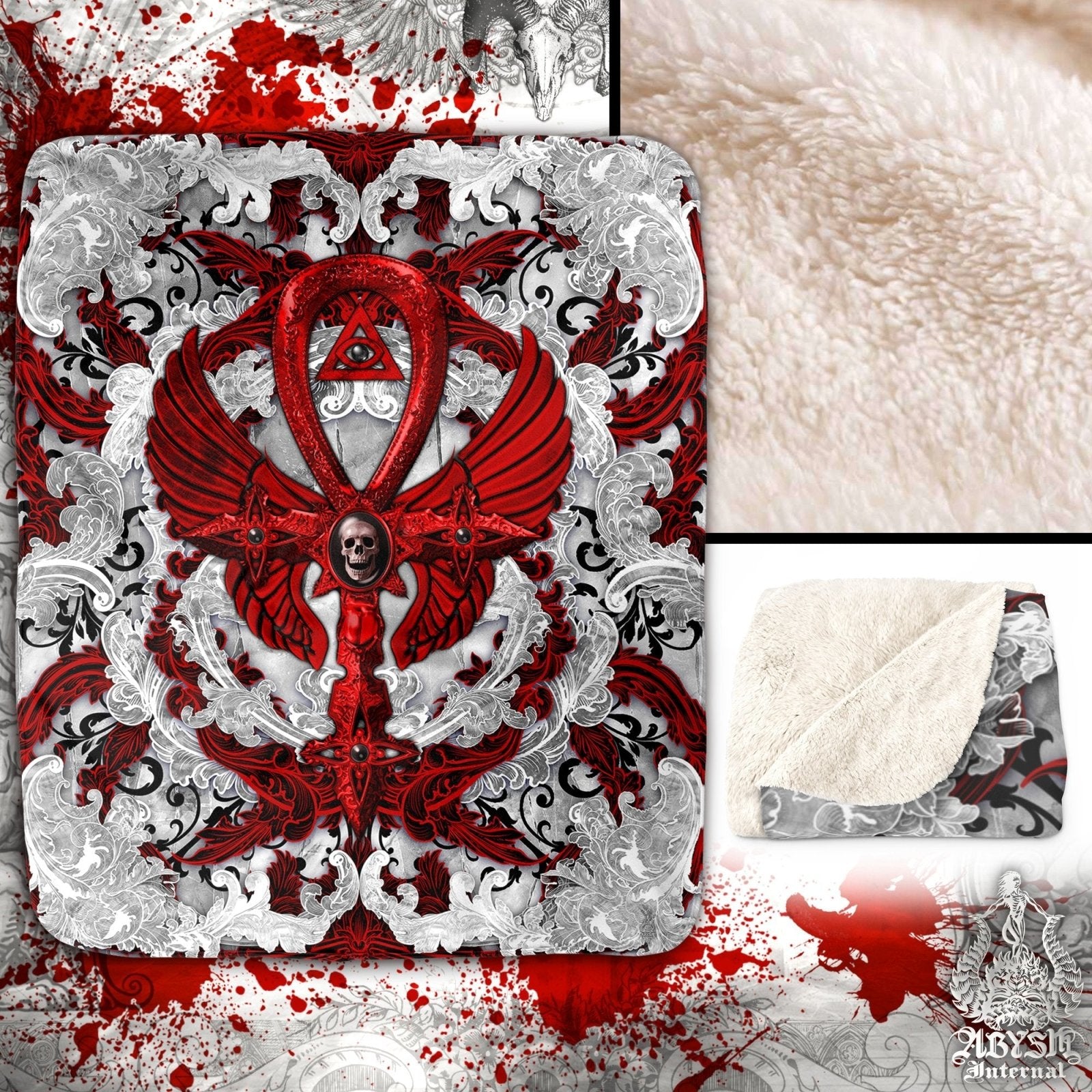 Gothic Throw Fleece Blanket, Goth Decor - Ankh Cross, Bloody Red - Abysm Internal