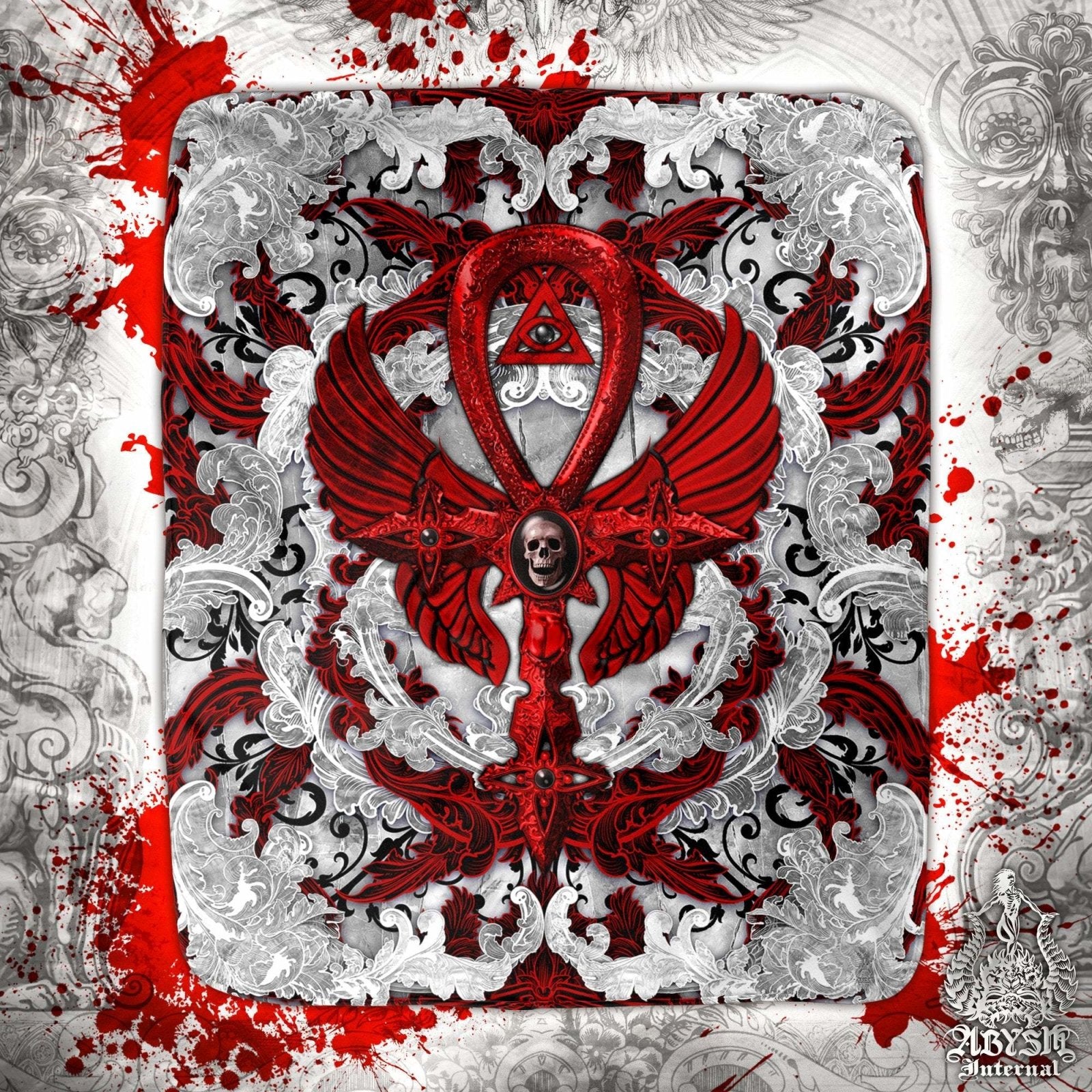 Gothic Throw Fleece Blanket, Goth Decor - Ankh Cross, Bloody Red - Abysm Internal