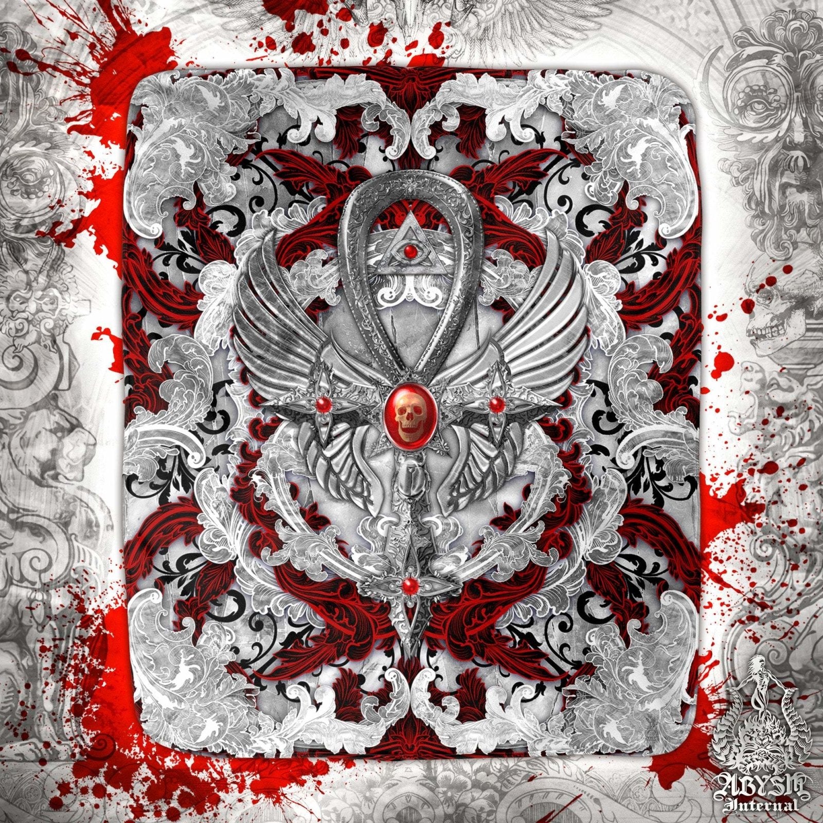 Gothic Throw Fleece Blanket, Goth Decor - Ankh Cross, Bloody White - Abysm Internal