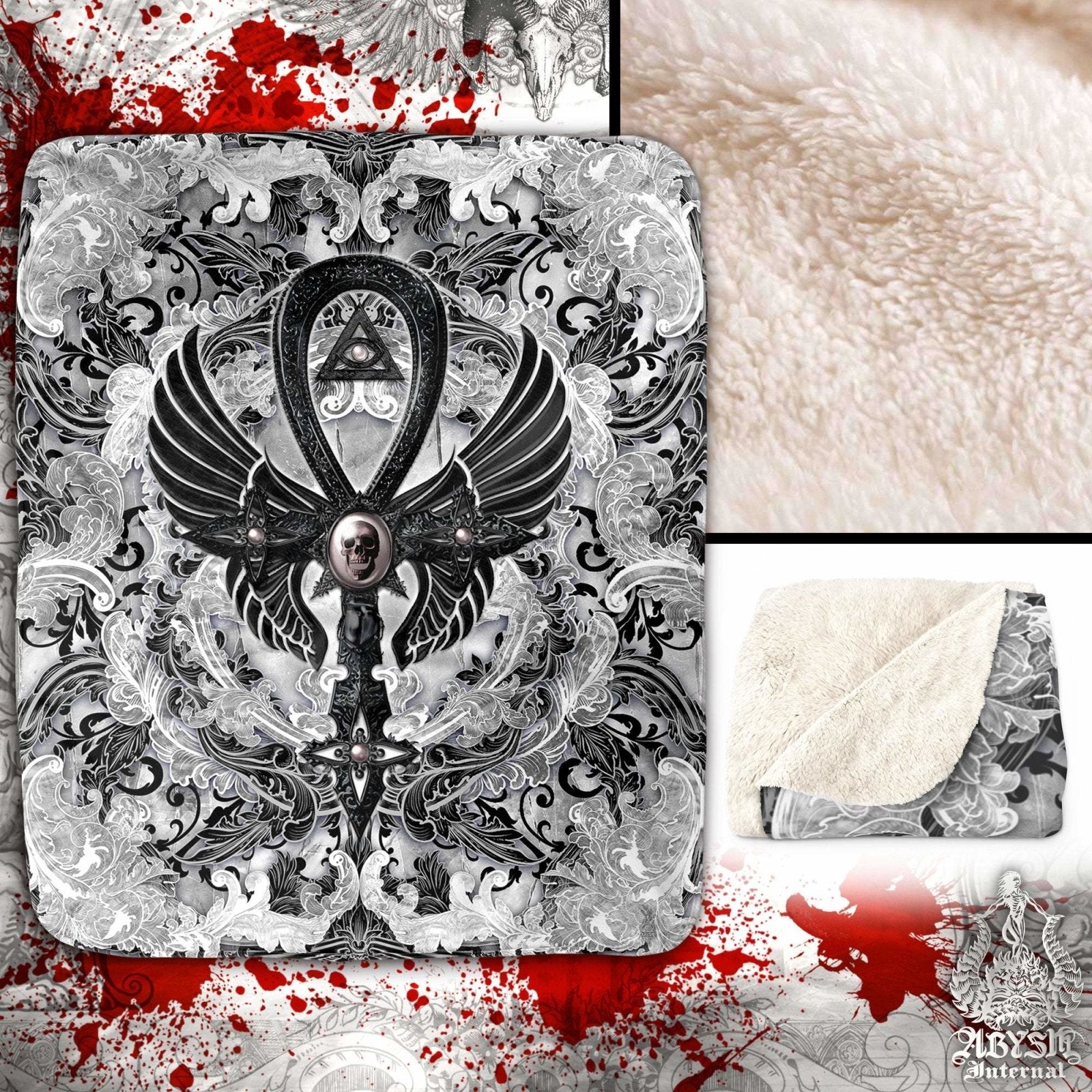 Gothic Throw Fleece Blanket, Goth Decor - Ankh Cross, White & Black - Abysm Internal