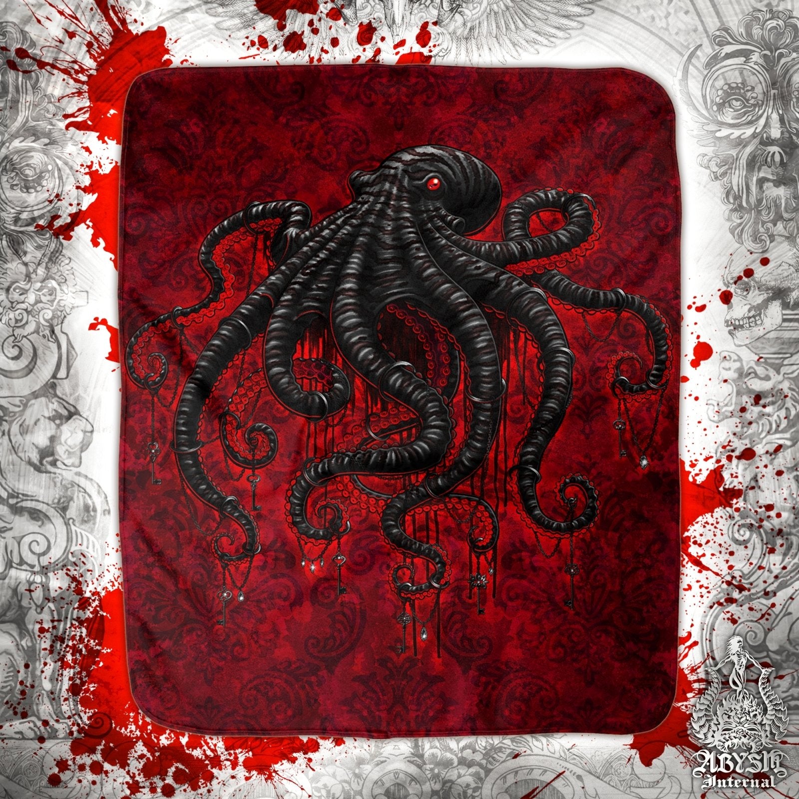 Gothic Throw Fleece Blanket, Goth Gift, Coastal Home Decor, Alternative Art Gift - Bloody Red, Black Octopus - Abysm Internal
