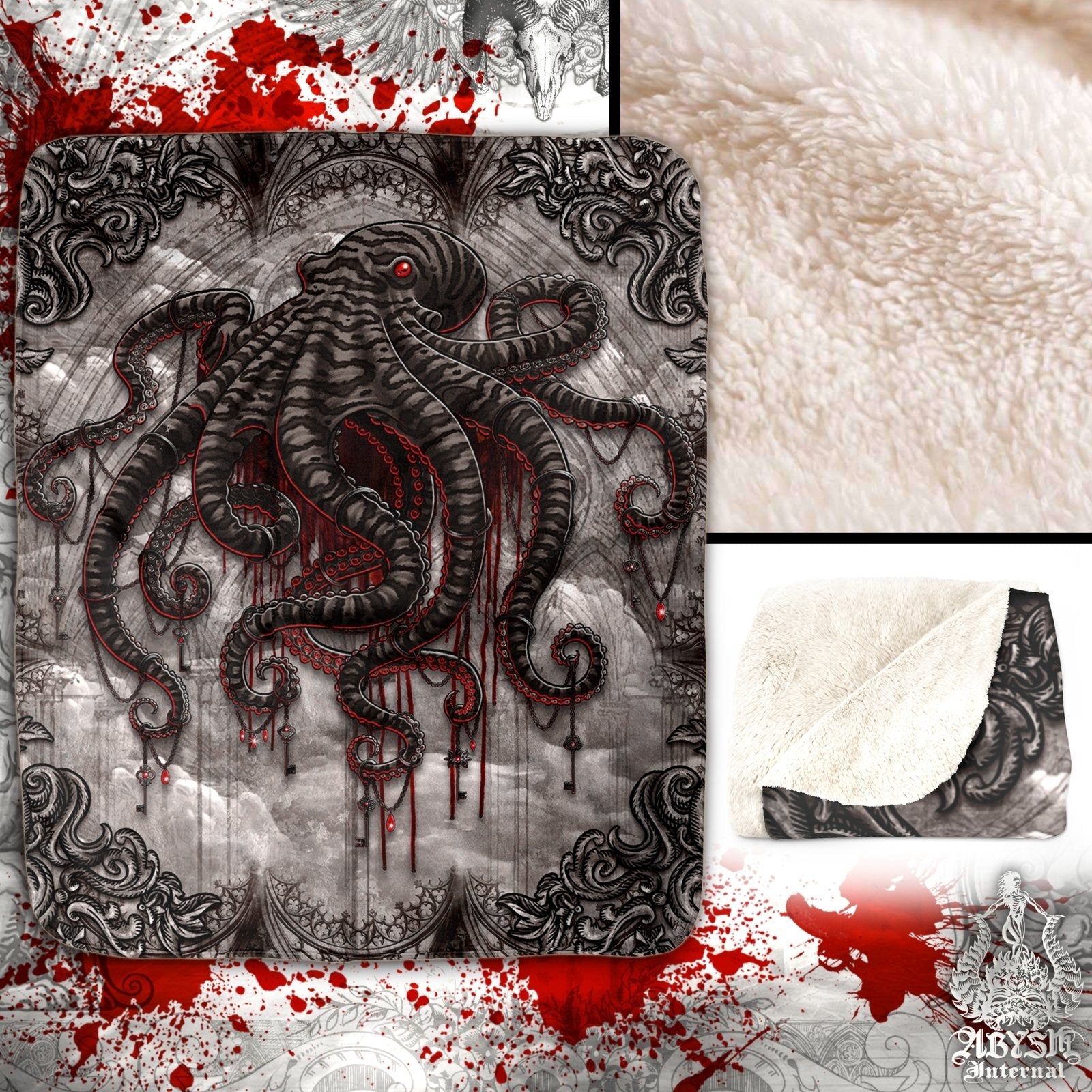 Gothic Throw Fleece Blanket, Goth Gift, Horror Home Decor, Alternative Art Gift - Black Octopus, Grey - Abysm Internal