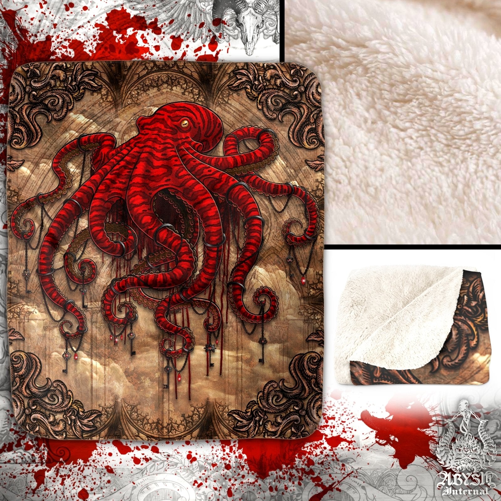 Gothic Throw Fleece Blanket, Goth Gift, Horror Home Decor, Alternative Art Gift - Red Octopus, Beige - Abysm Internal