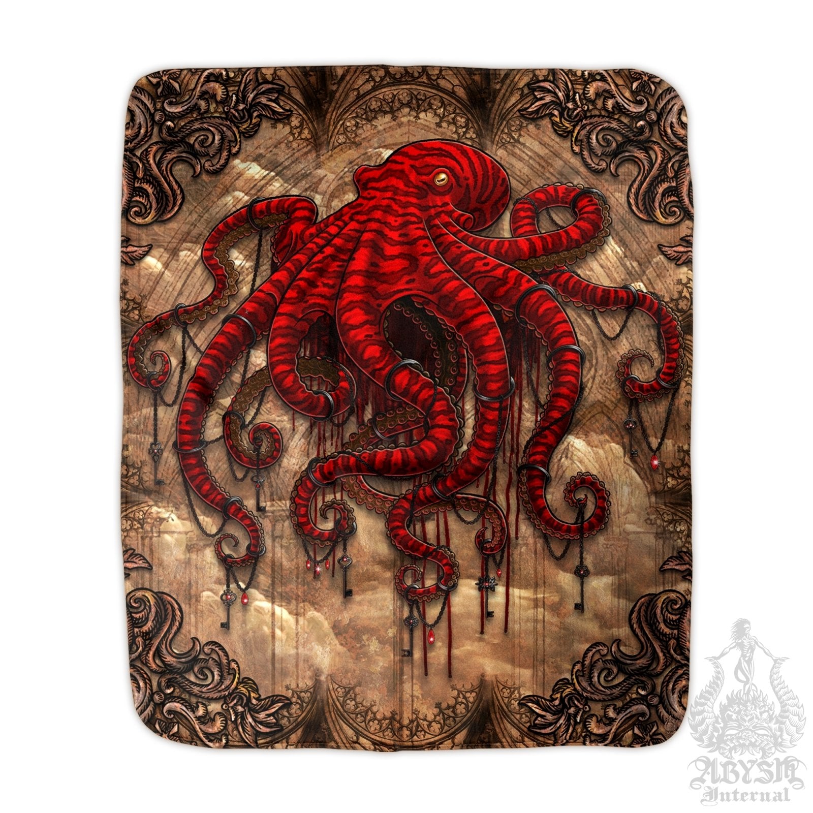 Gothic Throw Fleece Blanket, Goth Gift, Horror Home Decor, Alternative Art Gift - Red Octopus, Beige - Abysm Internal