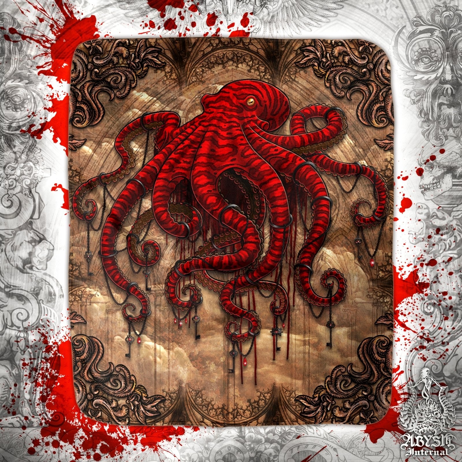 Gothic Throw Fleece Blanket, Goth Gift, Horror Home Decor, Alternative Art Gift - Red Octopus, Beige - Abysm Internal