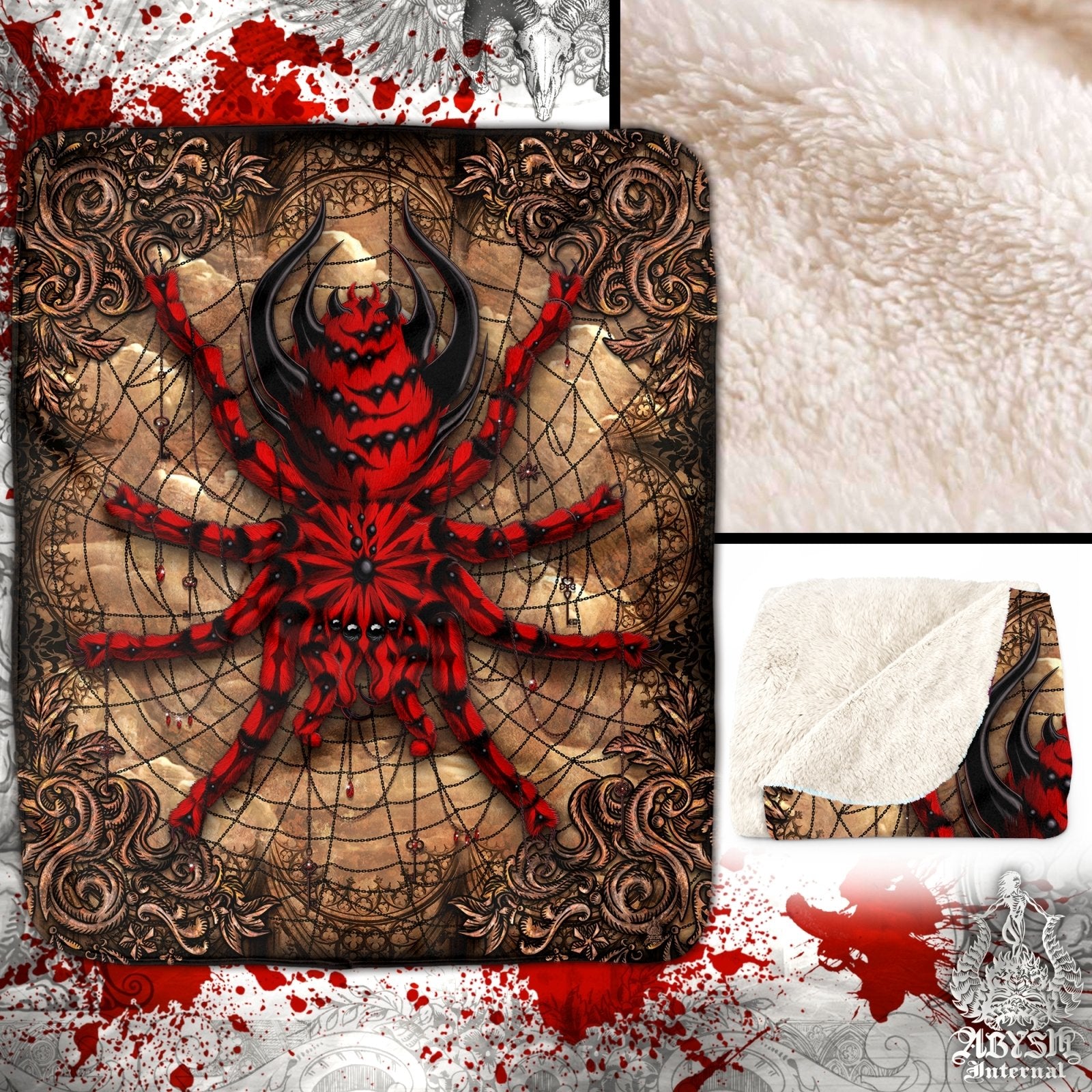Gothic Throw Fleece Blanket, Halloween Gift, Horror Home Decor, Alternative Art Gift - Spider, Goth Grunge Beige, Tarantula Art - Abysm Internal