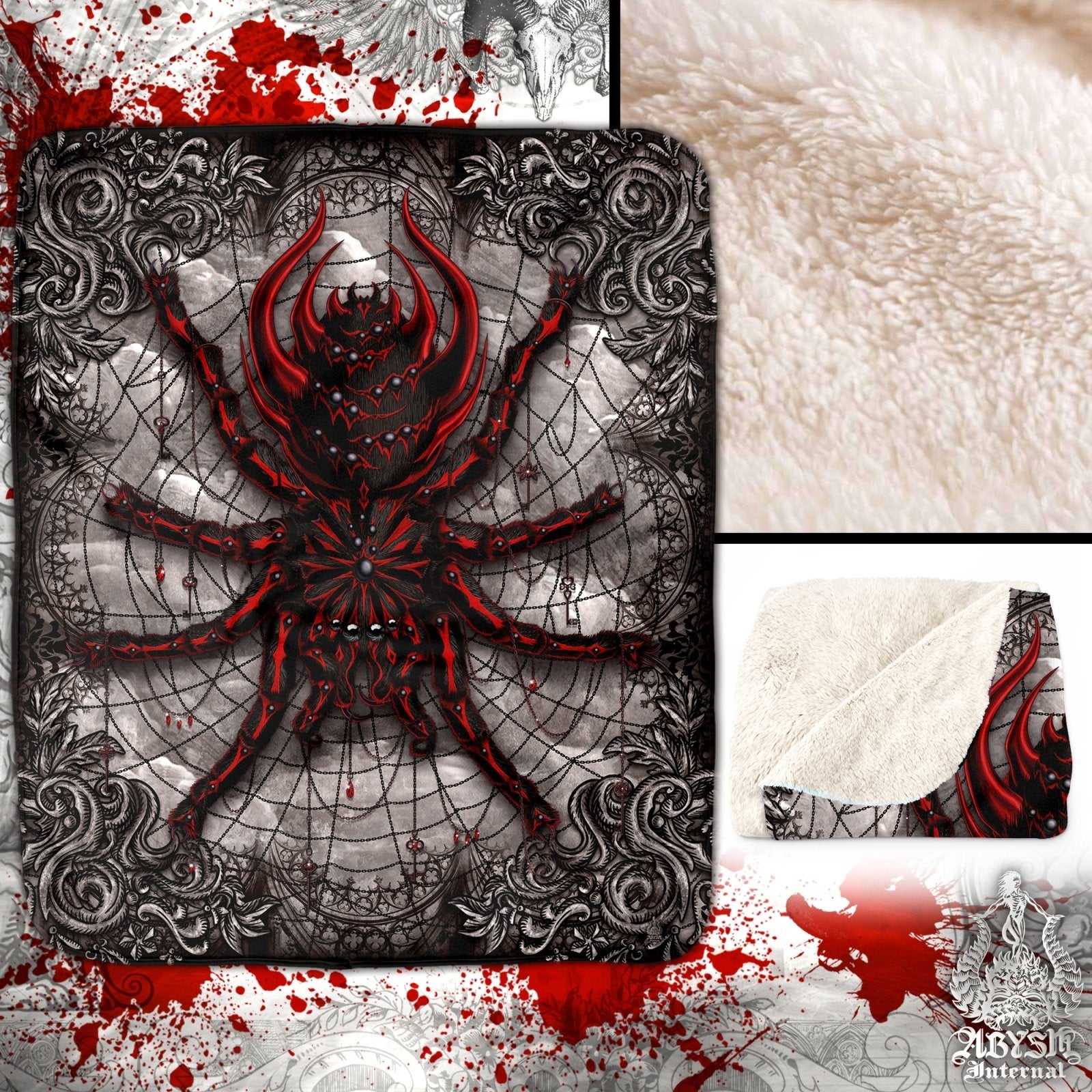 Gothic Throw Fleece Blanket, Halloween Gift, Horror Home Decor, Alternative Art Gift - Spider, Goth Grunge Grey, Tarantula Art - Abysm Internal