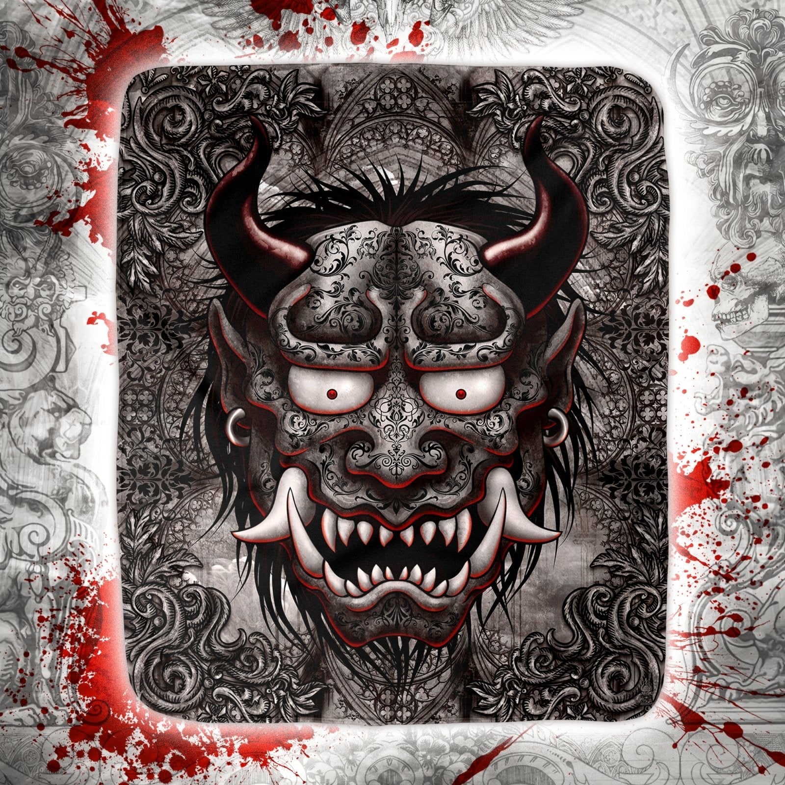 Gothic Throw Fleece Blanket, Japanese Demon, Alternative and Goth Home Decor, Alternative Art Gift - Grey Oni - Abysm Internal