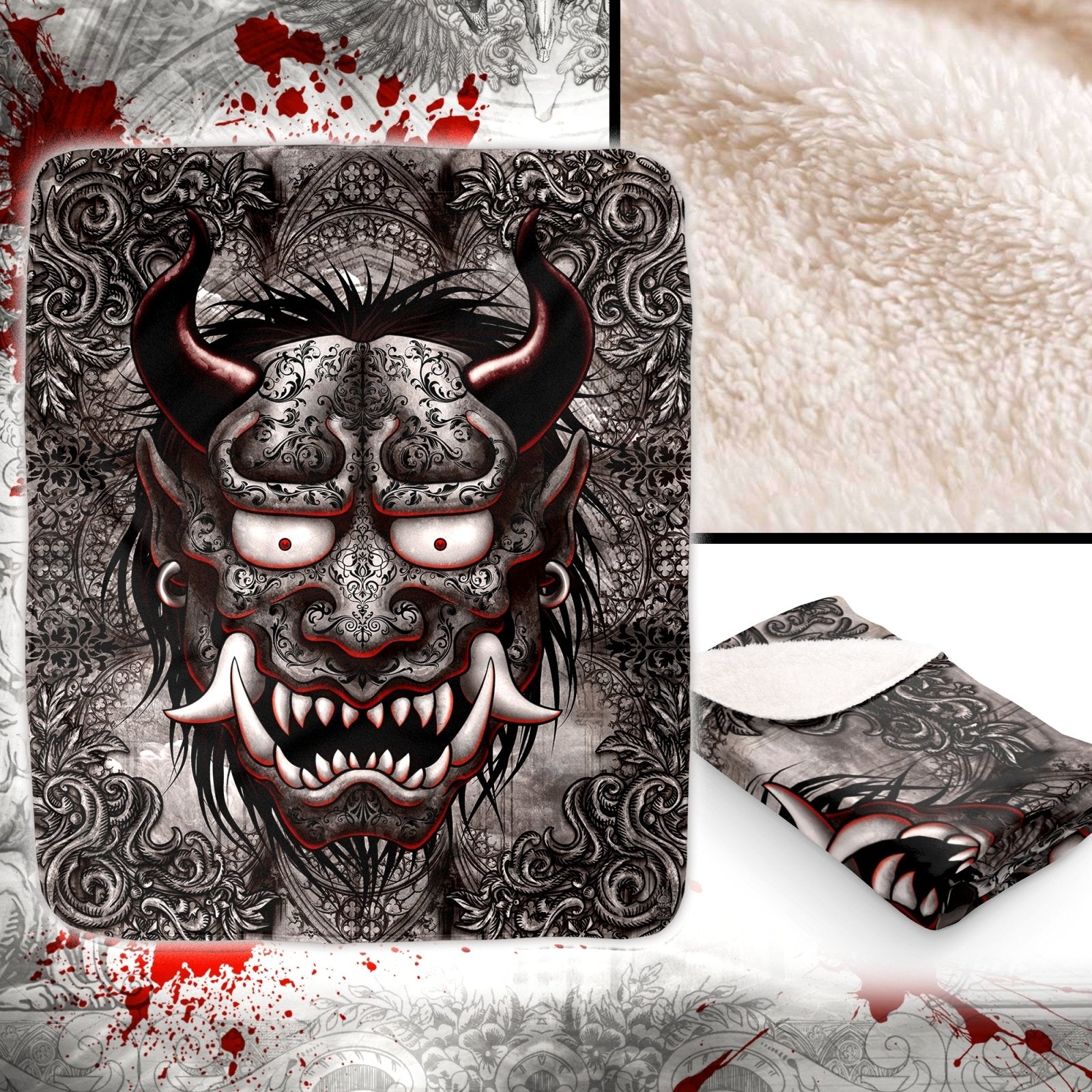 Gothic Throw Fleece Blanket, Japanese Demon, Alternative and Goth Home Decor, Alternative Art Gift - Grey Oni - Abysm Internal