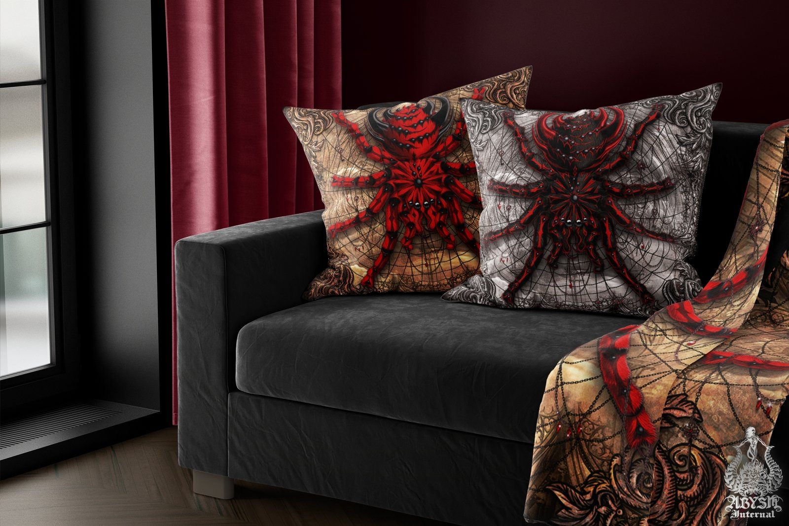 Gothic Throw Pillow, Decorative Accent Cushion, Goth Horror Room Decor, Alternative Home - Tarantula Spider, Beige - Abysm Internal