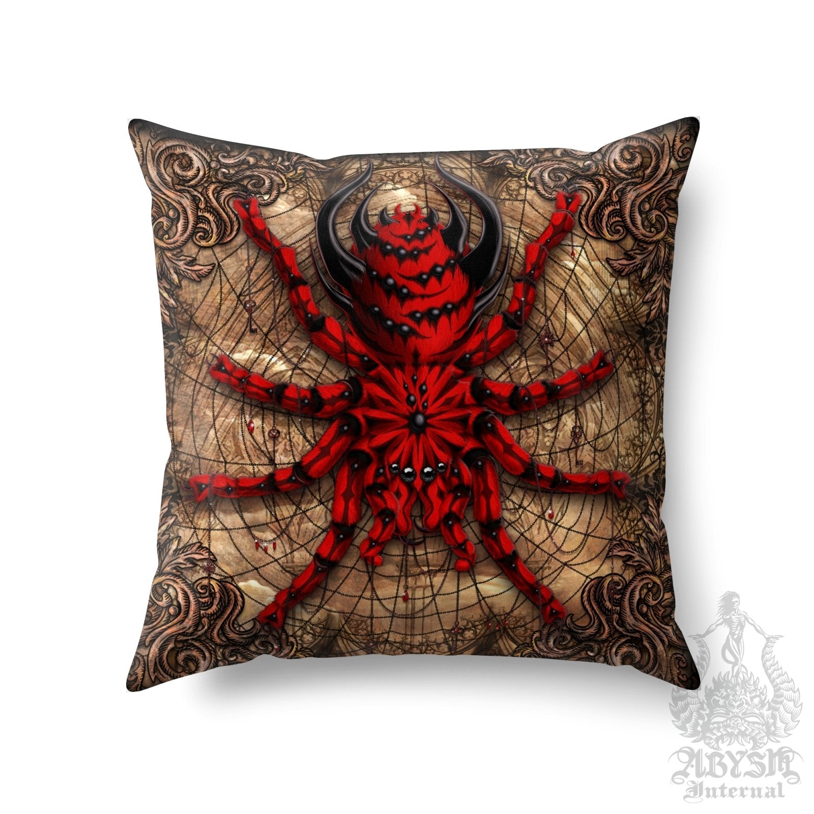 Gothic Throw Pillow, Decorative Accent Cushion, Goth Horror Room Decor, Alternative Home - Tarantula Spider, Beige - Abysm Internal