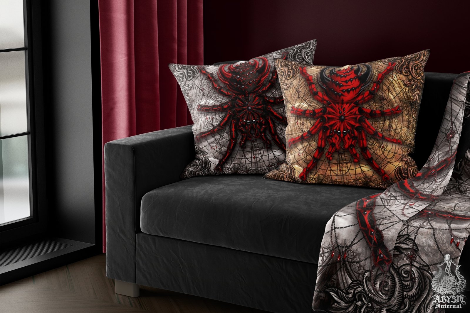 Gothic Throw Pillow, Decorative Accent Cushion, Goth Horror Room Decor, Alternative Home - Tarantula Spider, Grey - Abysm Internal
