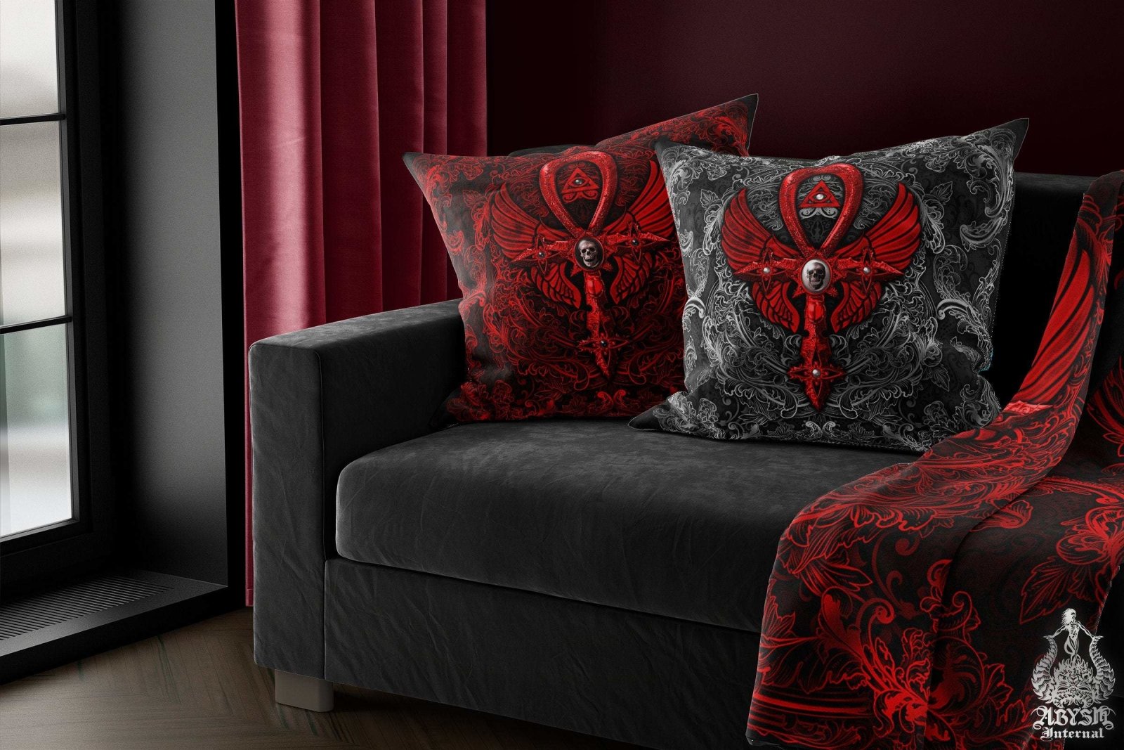 Gothic Throw Pillow, Decorative Accent Cushion, Goth Room Decor, Dark Art, Alternative Home - Ankh Cross, Dark bloody Red - Abysm Internal