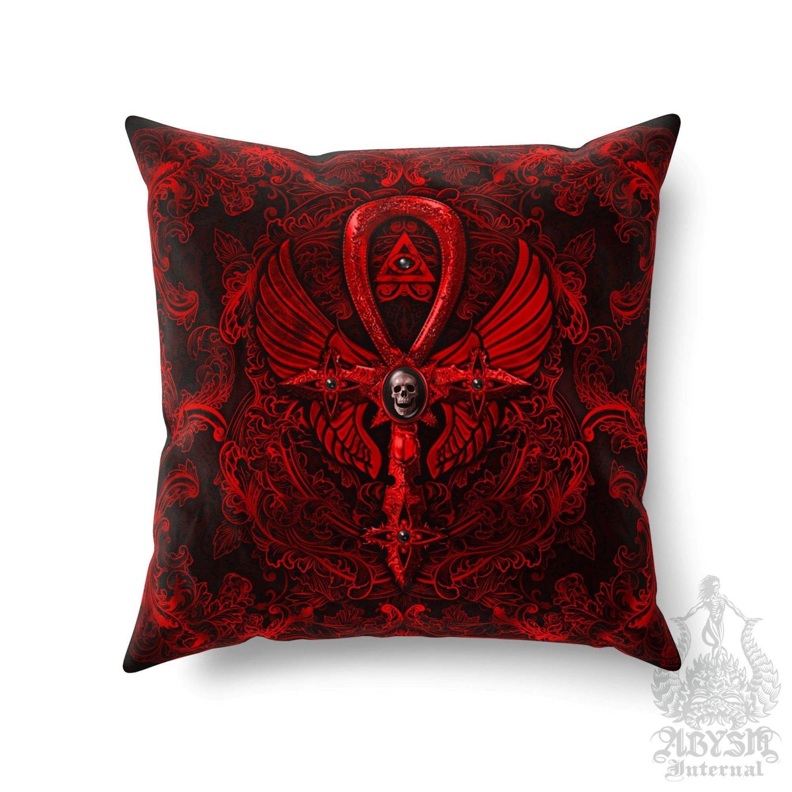 Gothic Throw Pillow, Decorative Accent Cushion, Goth Room Decor, Dark Art, Alternative Home - Ankh Cross, Dark bloody Red - Abysm Internal