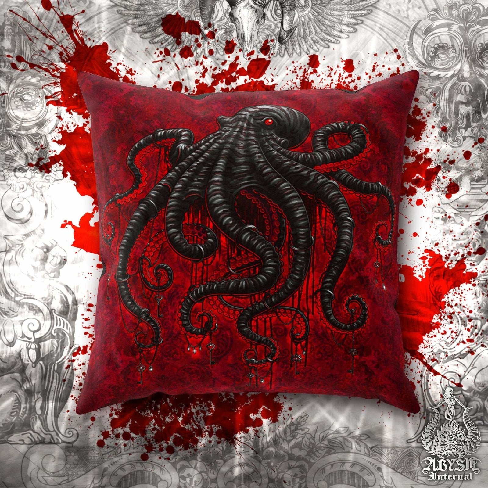 Gothic Throw Pillow, Decorative Accent Cushion, Goth Room Decor, Dark Art, Alternative Home - Bloody Black Octopus - Abysm Internal