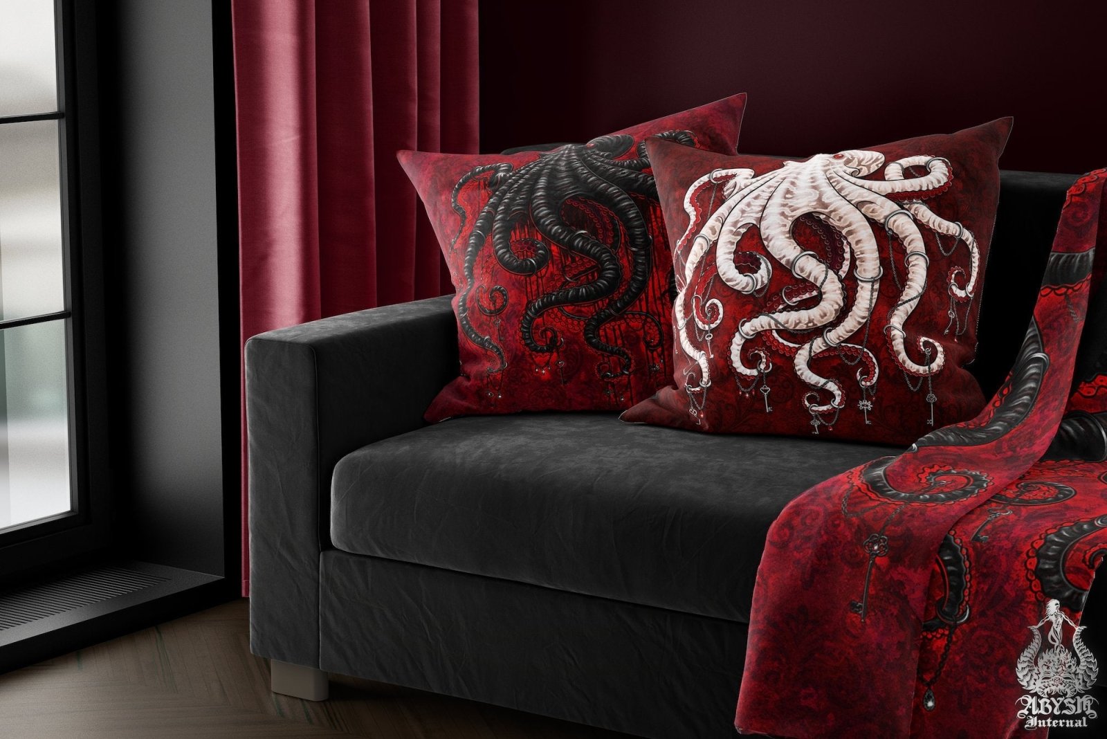 Gothic Throw Pillow, Decorative Accent Cushion, Goth Room Decor, Dark Art, Alternative Home - Bloody Black Octopus - Abysm Internal