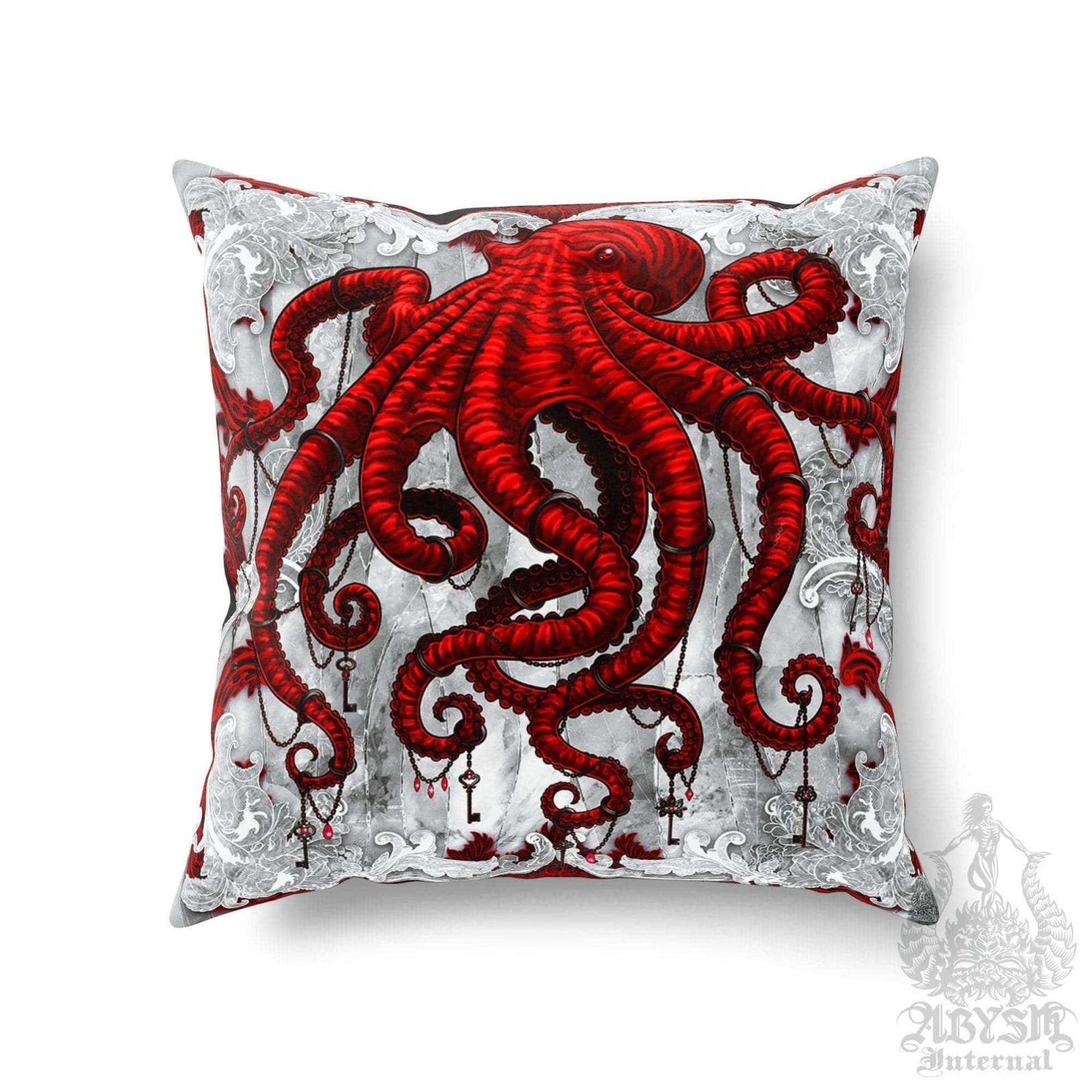 Gothic Throw Pillow, Decorative Accent Cushion, Goth Room Decor, Dark Art, Alternative Home - Bloody White and Red Octopus - Abysm Internal