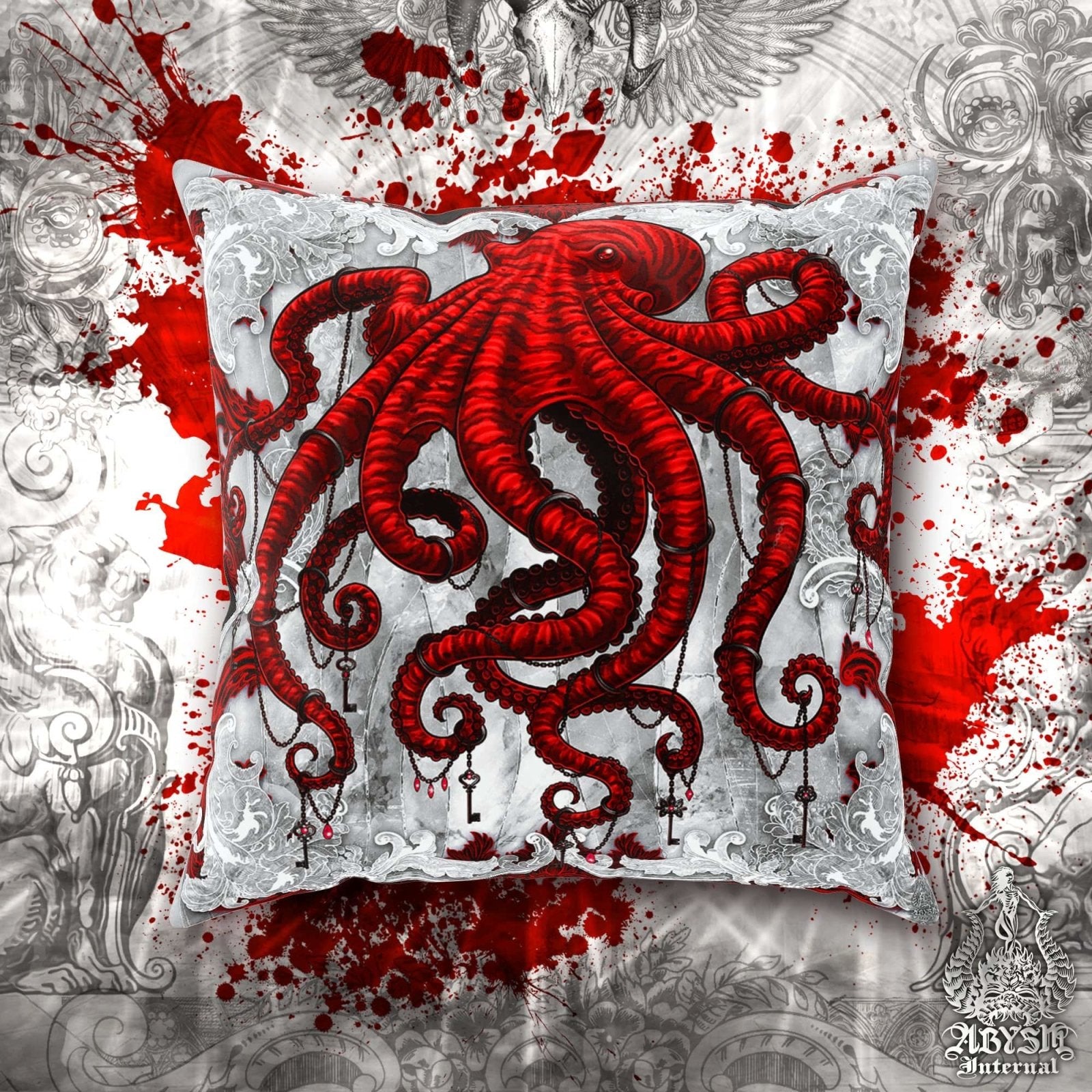 Gothic Throw Pillow, Decorative Accent Cushion, Goth Room Decor, Dark Art, Alternative Home - Bloody White and Red Octopus - Abysm Internal