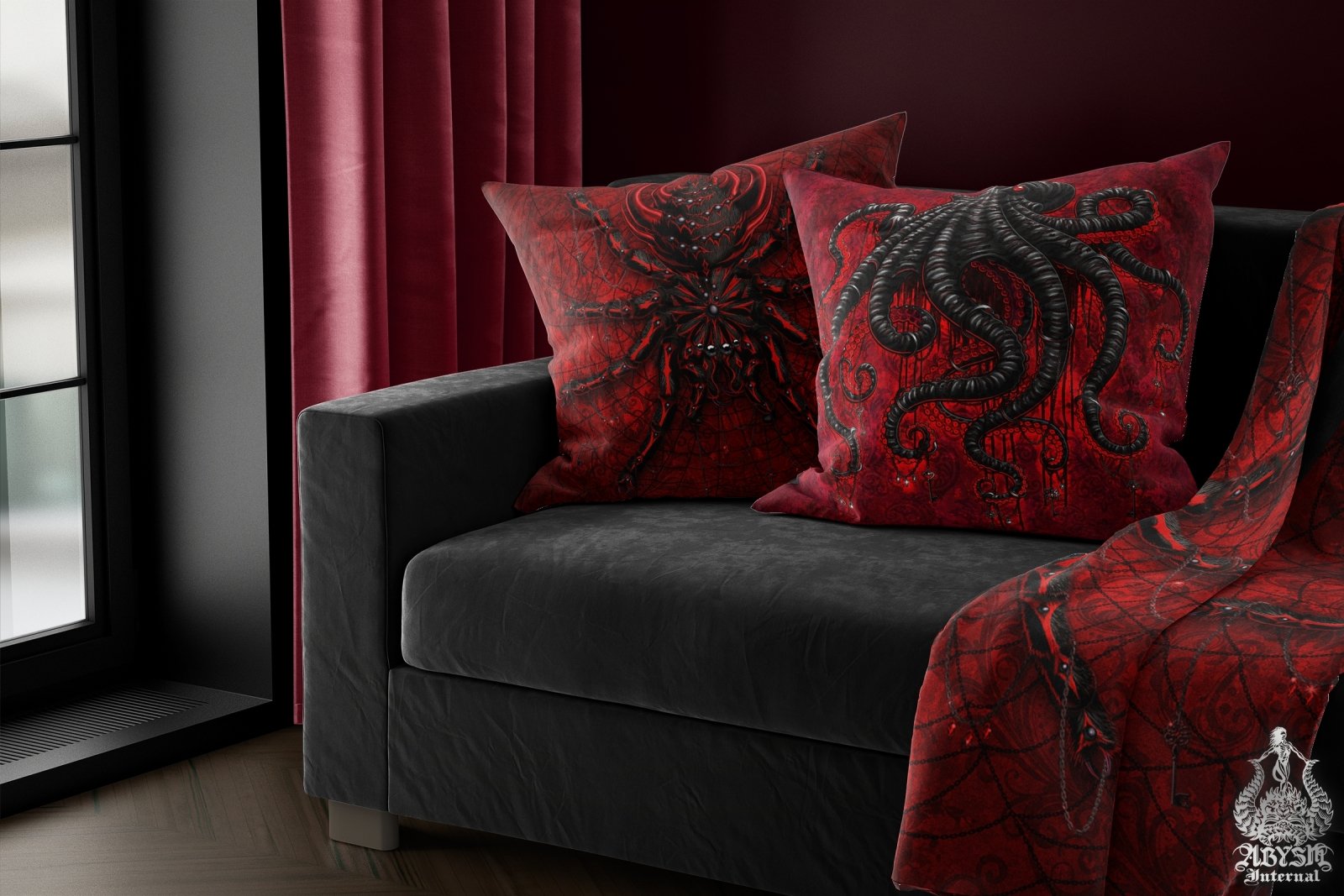 Gothic Throw Pillow, Decorative Accent Cushion, Goth Room Decor, Dark Art, Alternative Home - Tarantula, Bloody Black Spider - Abysm Internal