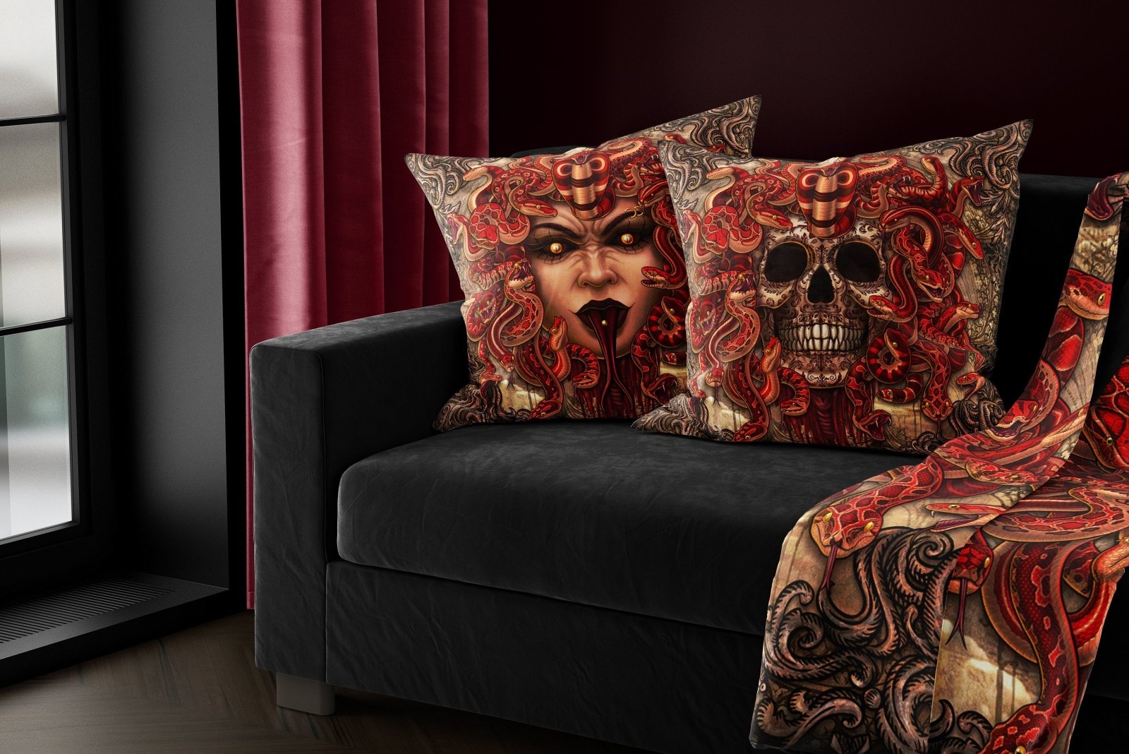 Gothic Throw Pillow, Decorative Accent Cushion,, Goth Room Decor, Horror Art, Alternative Home - Medusa, Beige Snakes, Mock - Abysm Internal