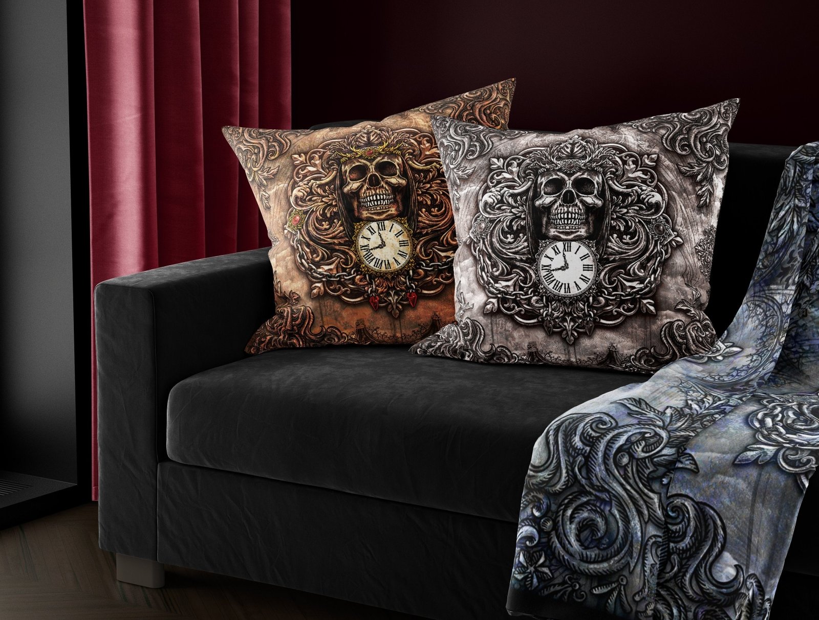 Gothic Throw Pillow, Decorative Accent Cushion, Grim Reaper, Memeto Mori, Skull Art, Goth Room Decor, Alternative Home - 3 Colors - Abysm Internal