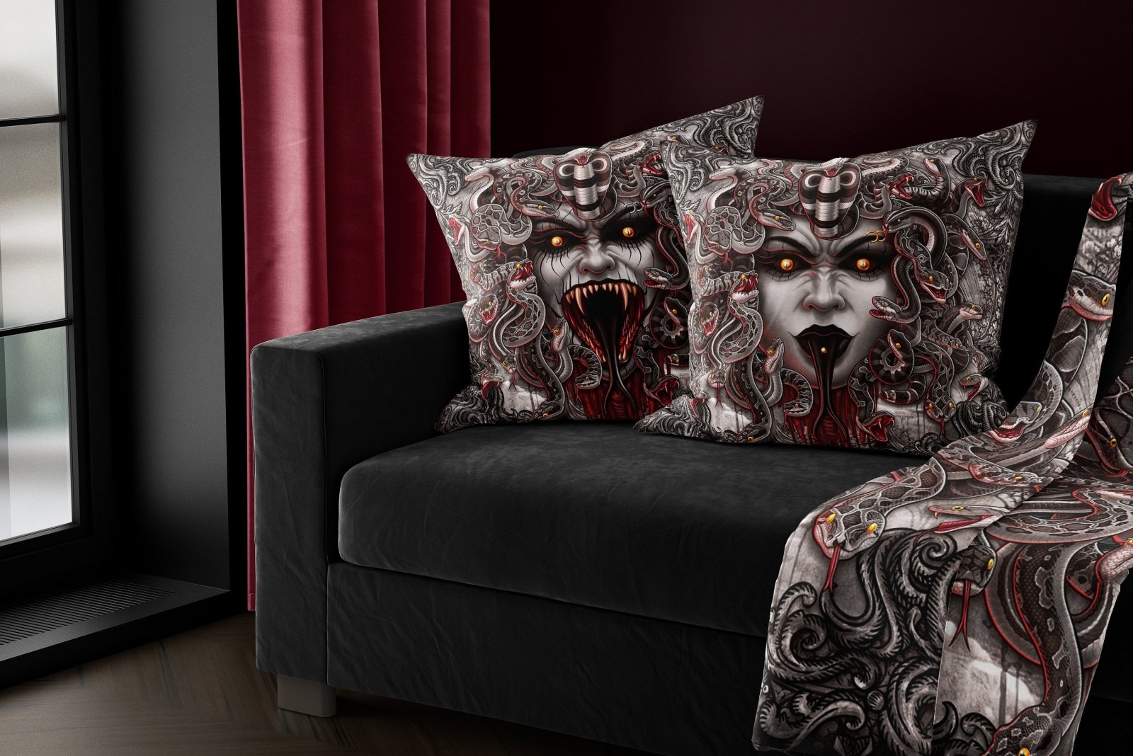 Gothic Throw Pillow, Decorative Accent Cushion, Medusa, Goth Room Decor, Horror Art, Alternative Home - Grey Snakes, Rage - Abysm Internal