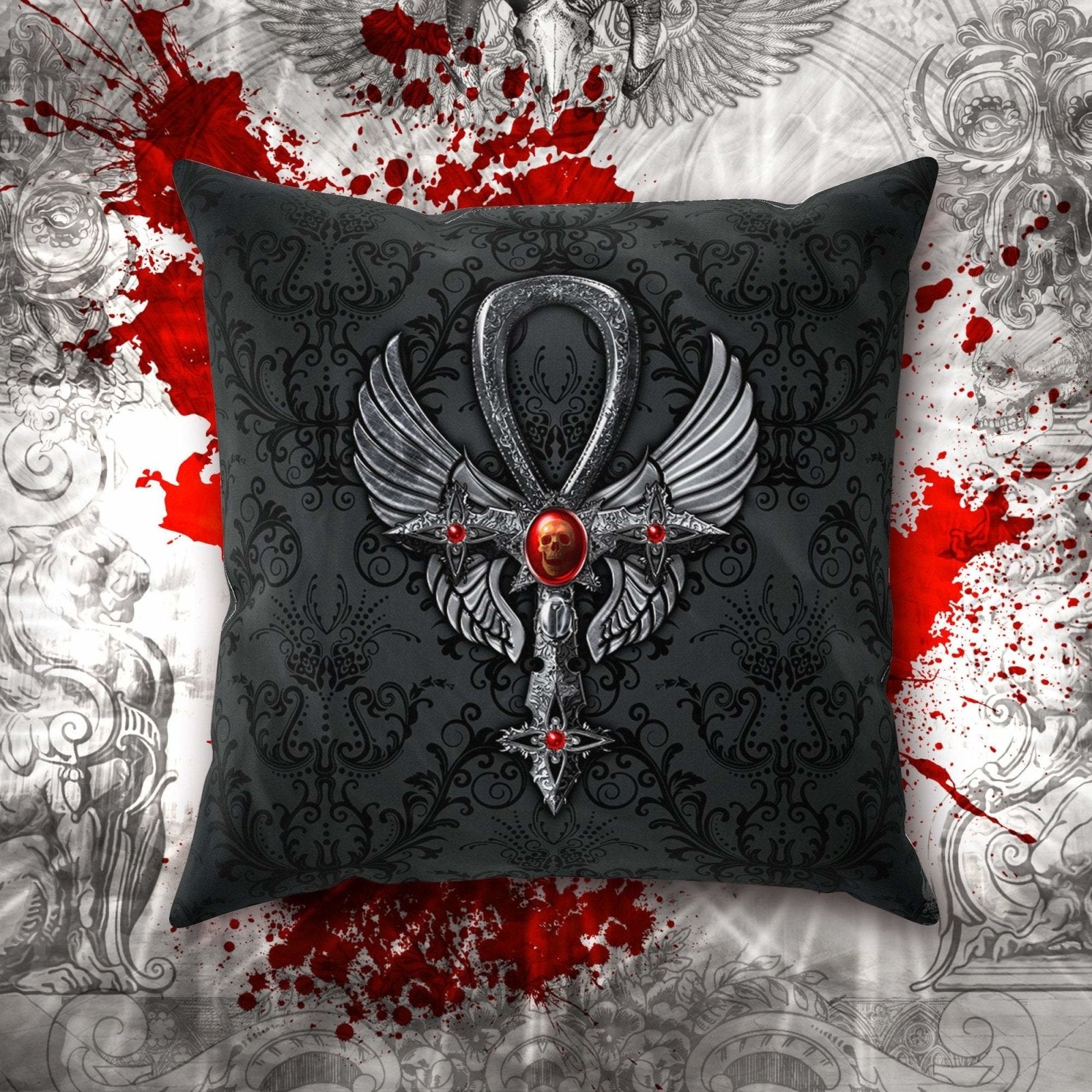 Gothic Throw Pillow, Decorative Accent Cushion, Nu Goth Room Decor, Dark Art, Alternative Home - Ankh Cross, Black - Abysm Internal