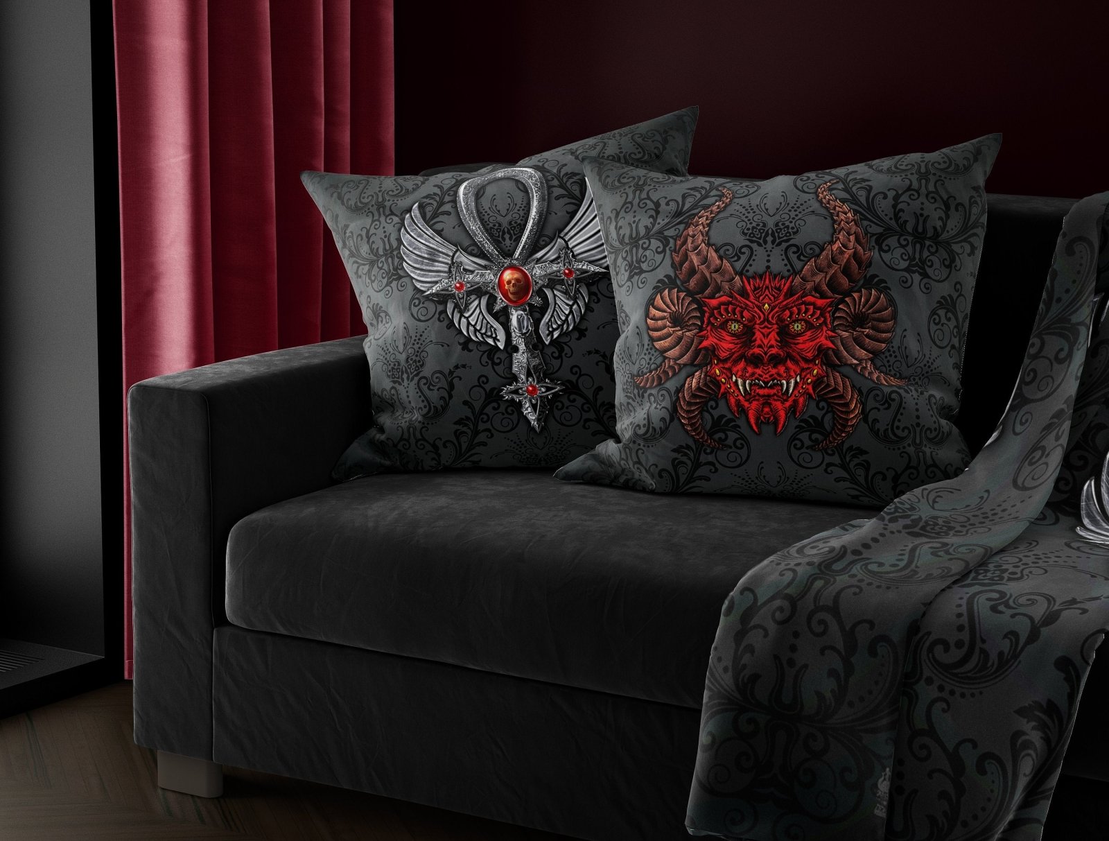 Gothic Throw Pillow, Decorative Accent Cushion, Nu Goth Room Decor, Dark Art, Alternative Home - Ankh Cross, Black - Abysm Internal