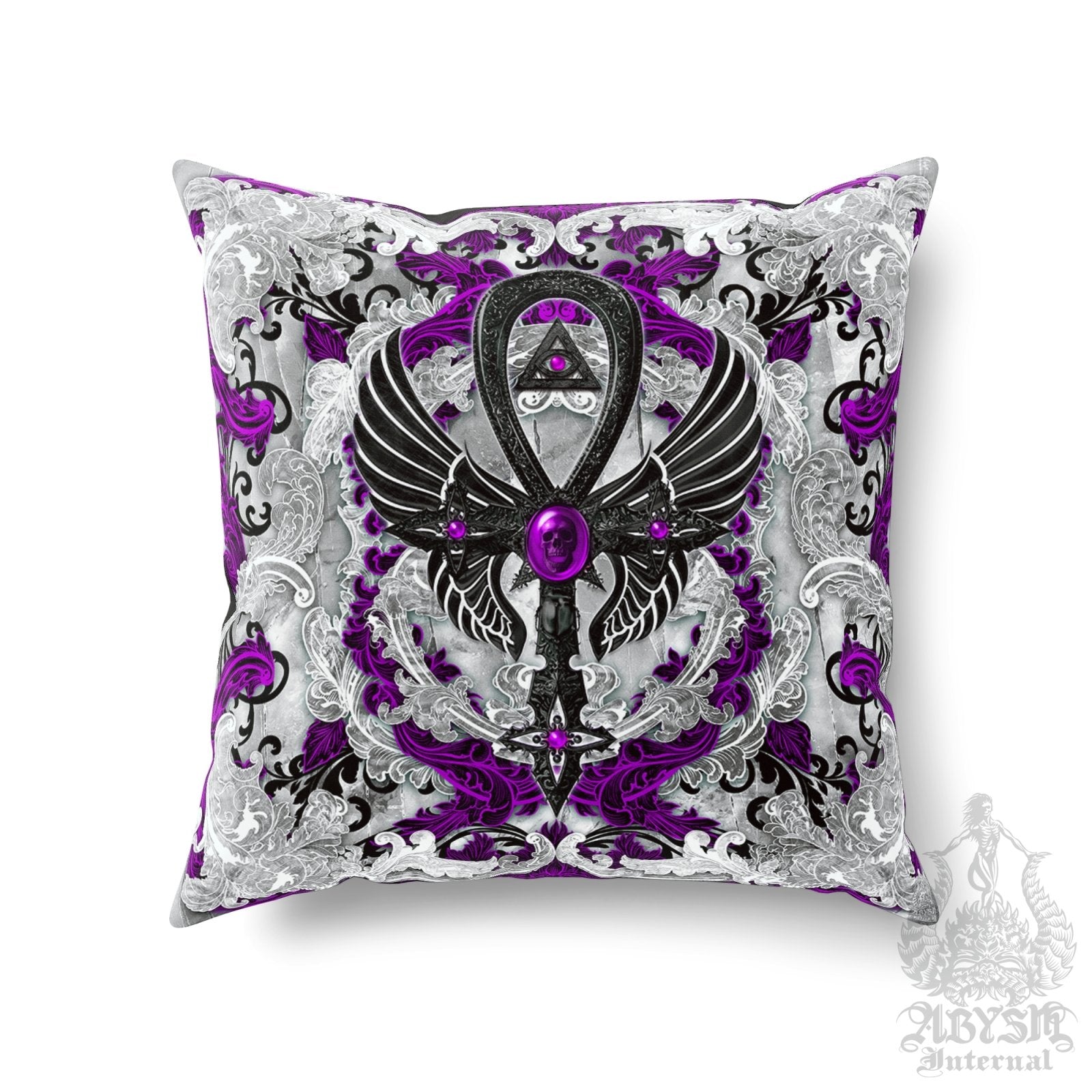 Gothic Throw Pillow, Decorative Accent Cushion, Occult Home Decor, Dark Art, Alternative Room - Ankh Cross, Pastel and White Goth - Abysm Internal