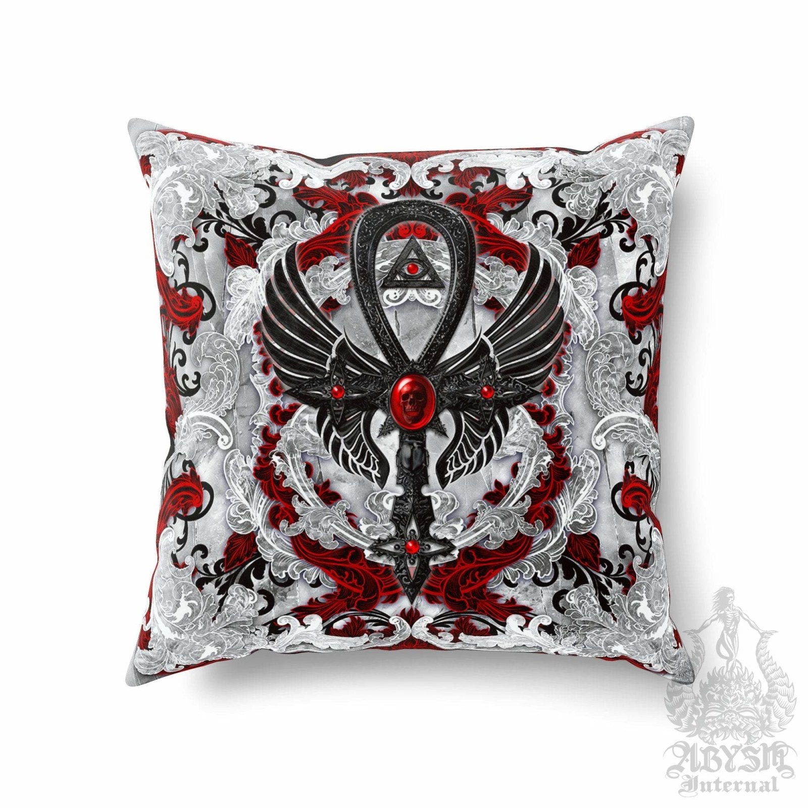 Gothic Throw Pillow, Decorative Accent Cushion, White Goth Room Decor, Dark Art, Alternative Home - Ankh Cross, Bloody Black - Abysm Internal