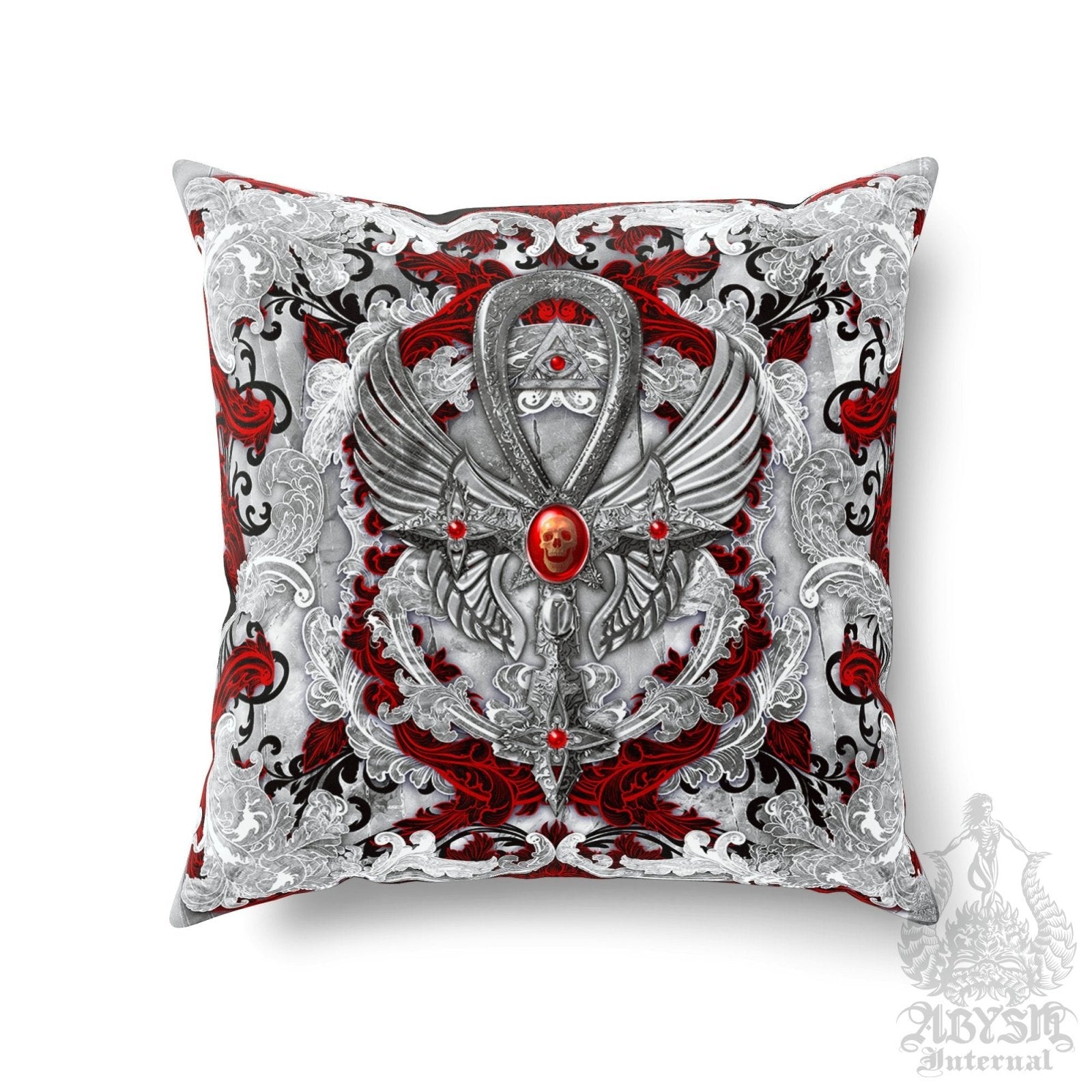 Gothic Throw Pillow, Decorative Accent Cushion, White Goth Room Decor, Dark Art, Alternative Home - Ankh Cross, Bloody White - Abysm Internal