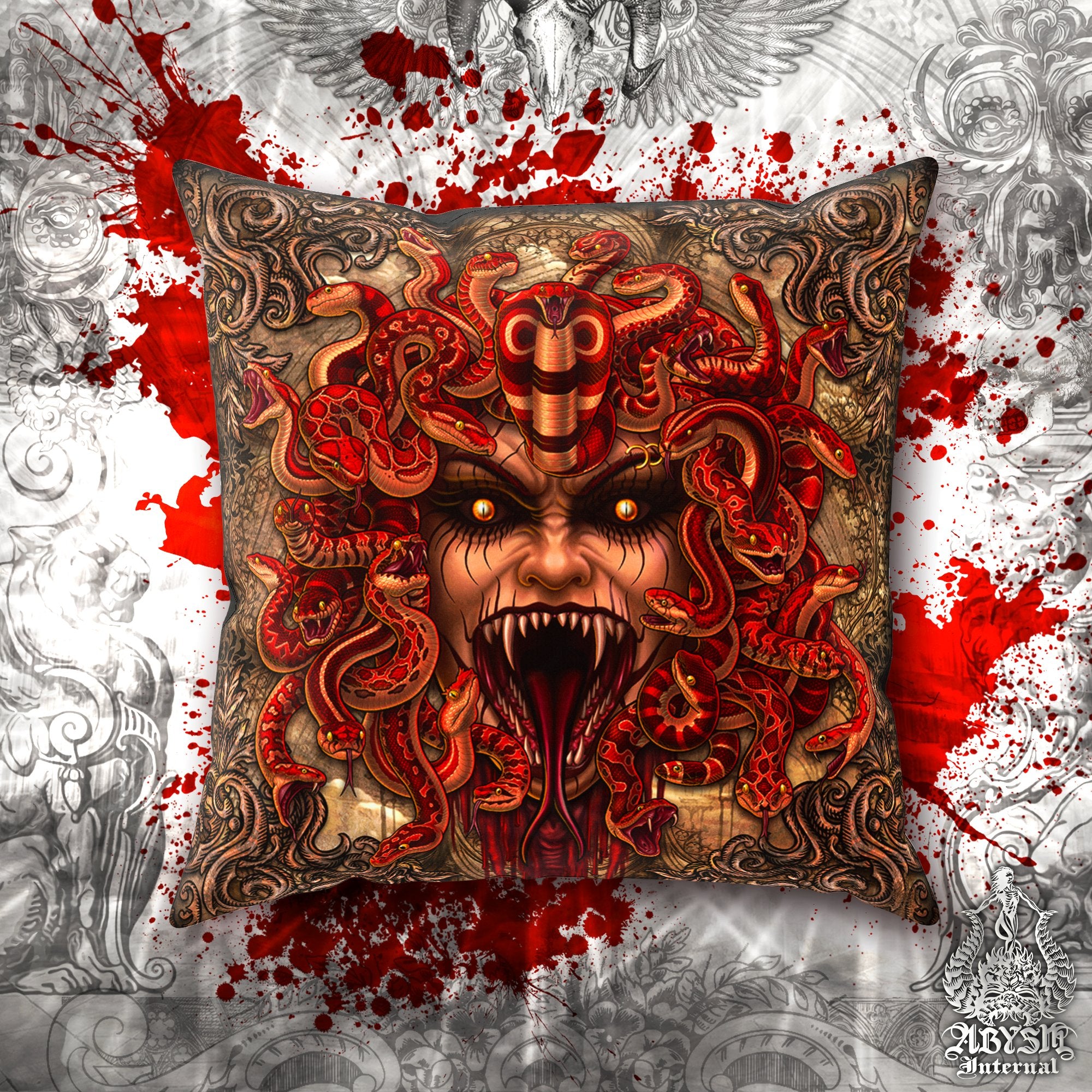 Gothic Throw Pillow, Decorative Accent Pillow, Square Cushion Cover, Goth Room Decor, Skull Horror Art, Alternative Home - Medusa, Beige Snakes, 4 Faces - Abysm Internal