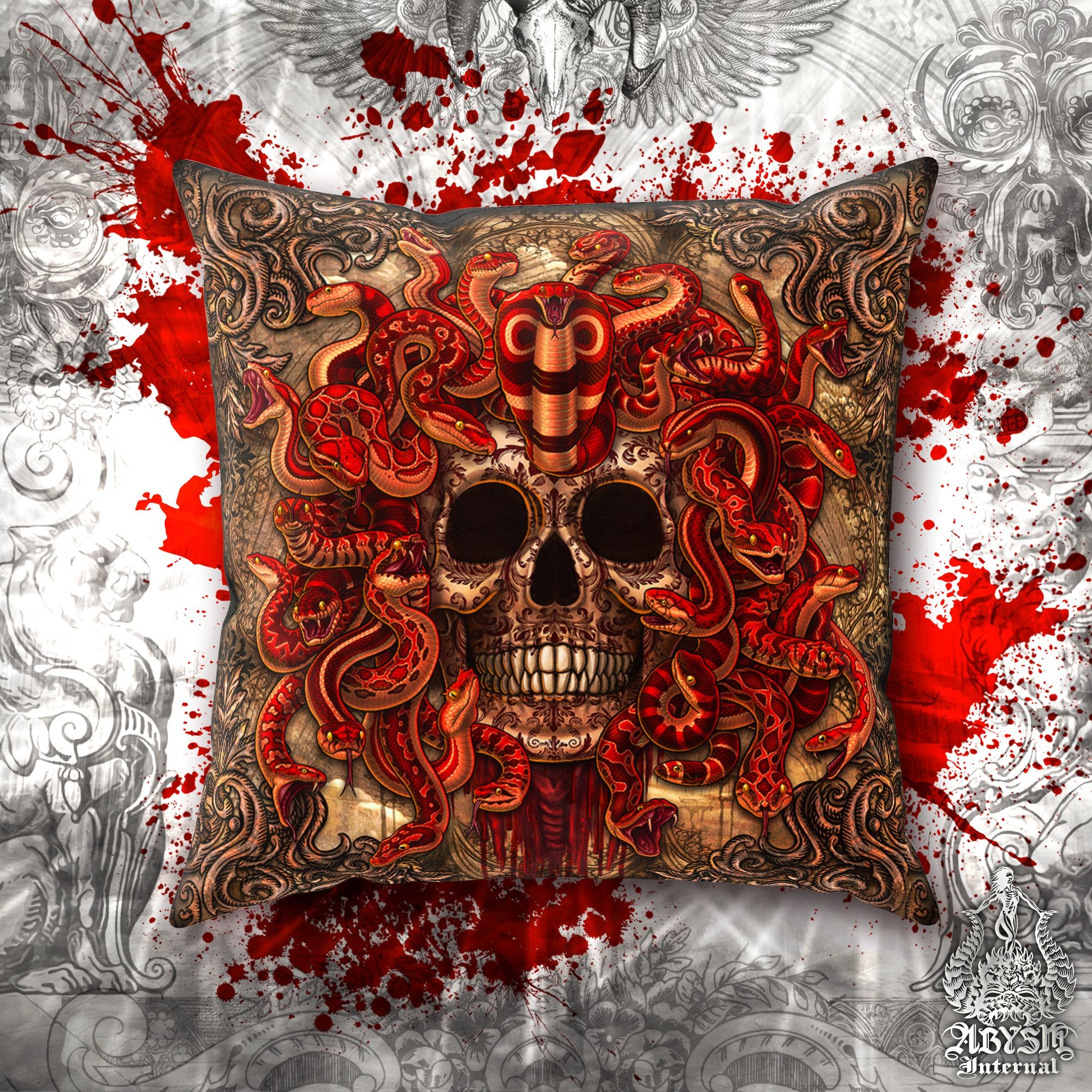 Gothic Throw Pillow, Decorative Accent Pillow, Square Cushion Cover, Goth Room Decor, Skull Horror Art, Alternative Home - Medusa, Beige Snakes, 4 Faces - Abysm Internal
