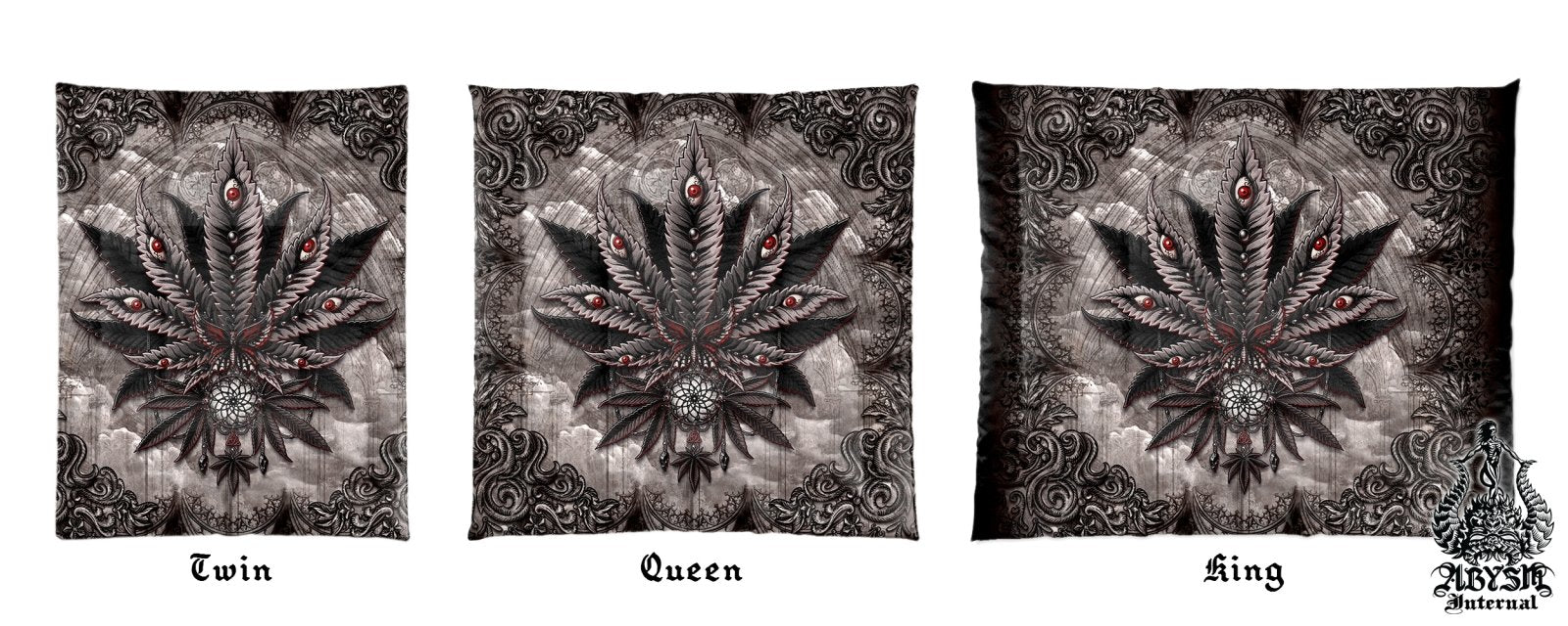 Gothic Weed Bedding Set, Comforter and Duvet, Cannabis Bed Cover, Marijuana Bedroom Decor, King, Queen and Twin Size, 420 Room Art - Horror Grey - Abysm Internal