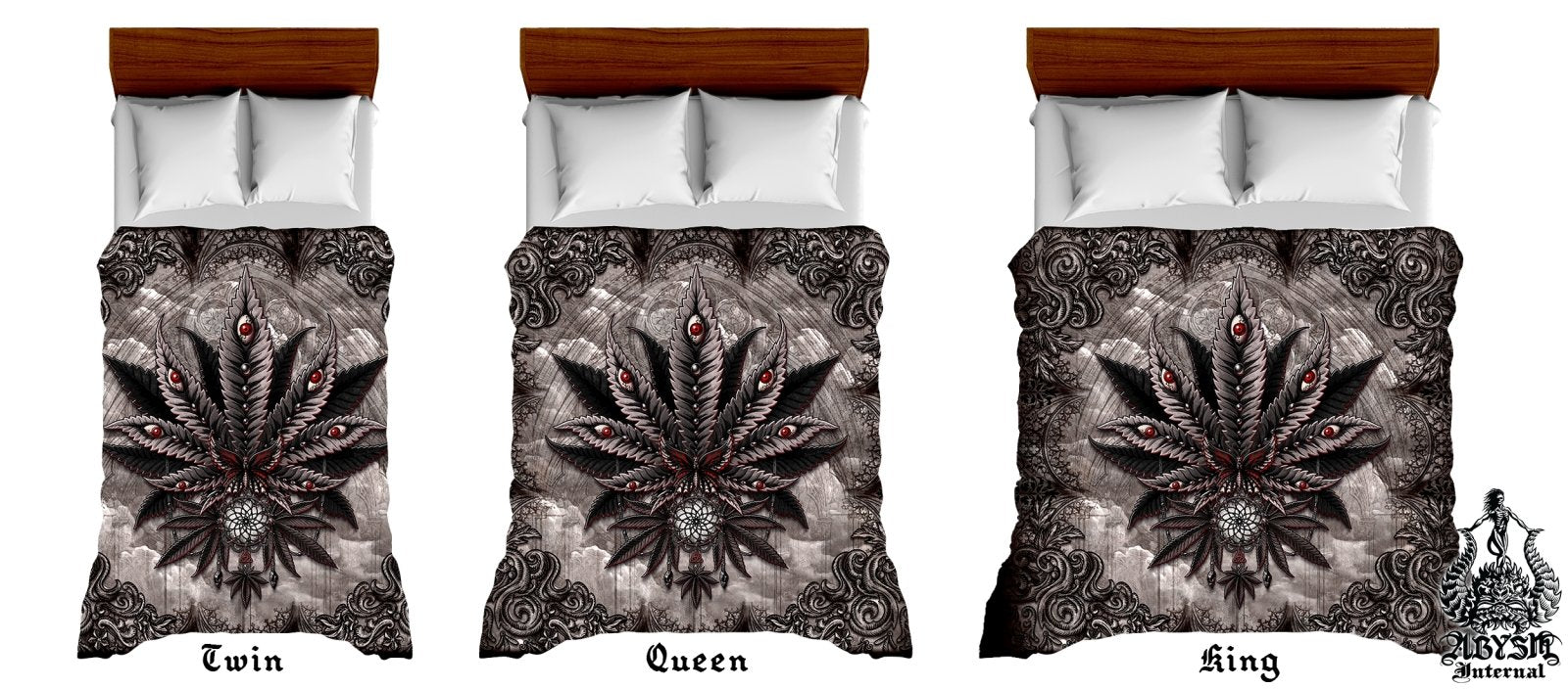 Gothic Weed Bedding Set, Comforter and Duvet, Cannabis Bed Cover, Marijuana Bedroom Decor, King, Queen and Twin Size, 420 Room Art - Horror Grey - Abysm Internal