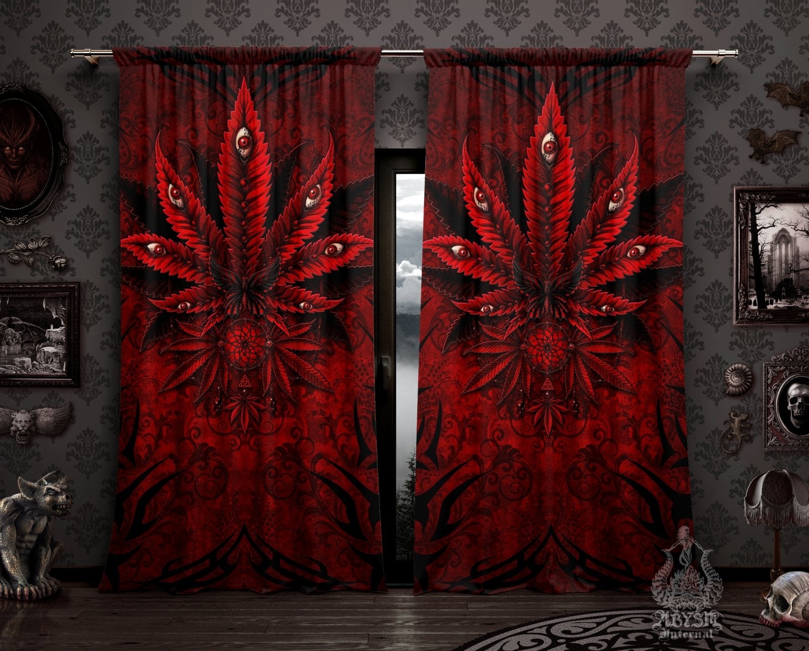 Gothic Weed Blackout Curtains, Cannabis Home and Shop Decor, Long Window Panels, Indie 420 Room Art Print - Bloody Goth - Abysm Internal