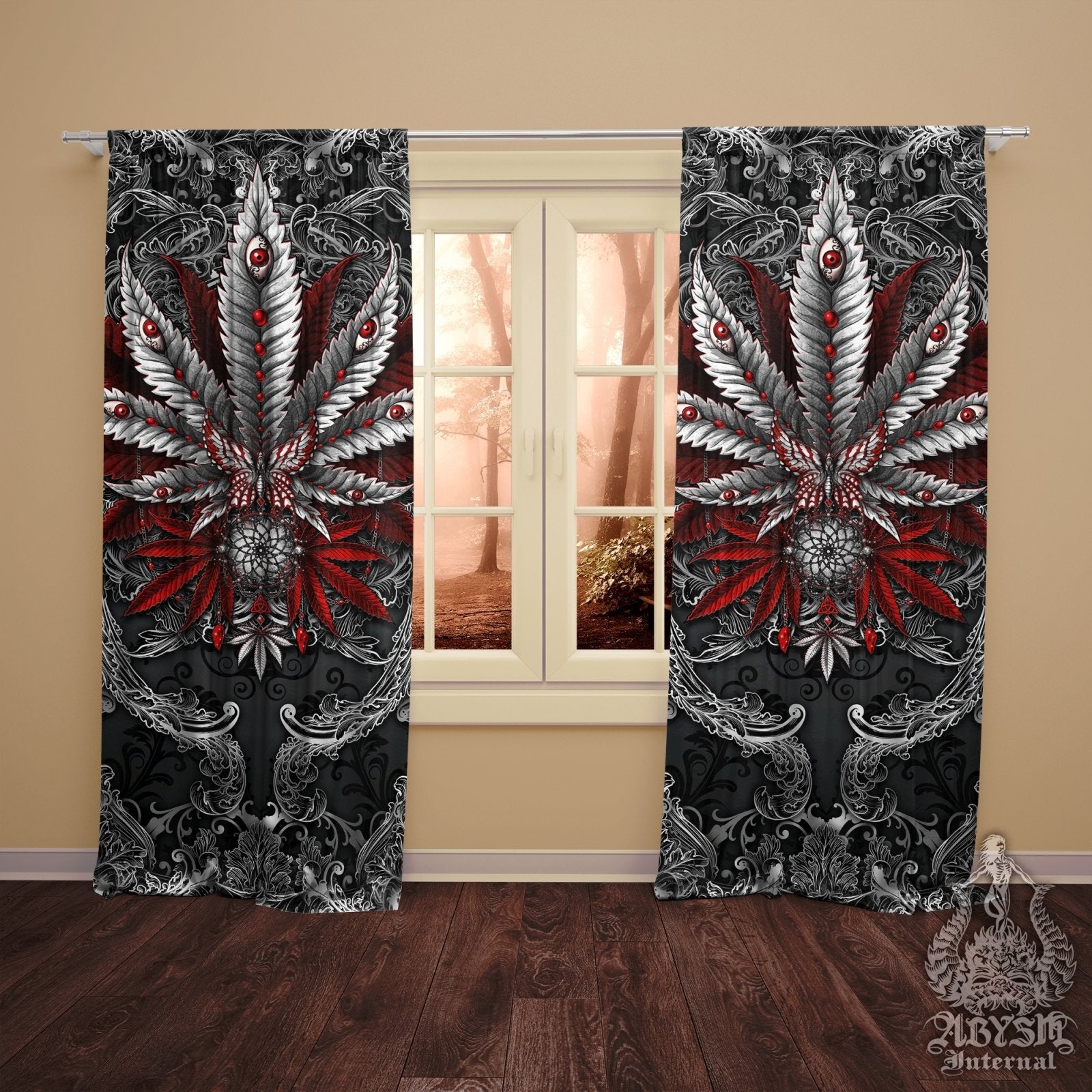 Gothic Weed Blackout Curtains, Cannabis Home and Shop Decor, Long Window Panels, Indie 420 Room Art Print - Dark - Abysm Internal