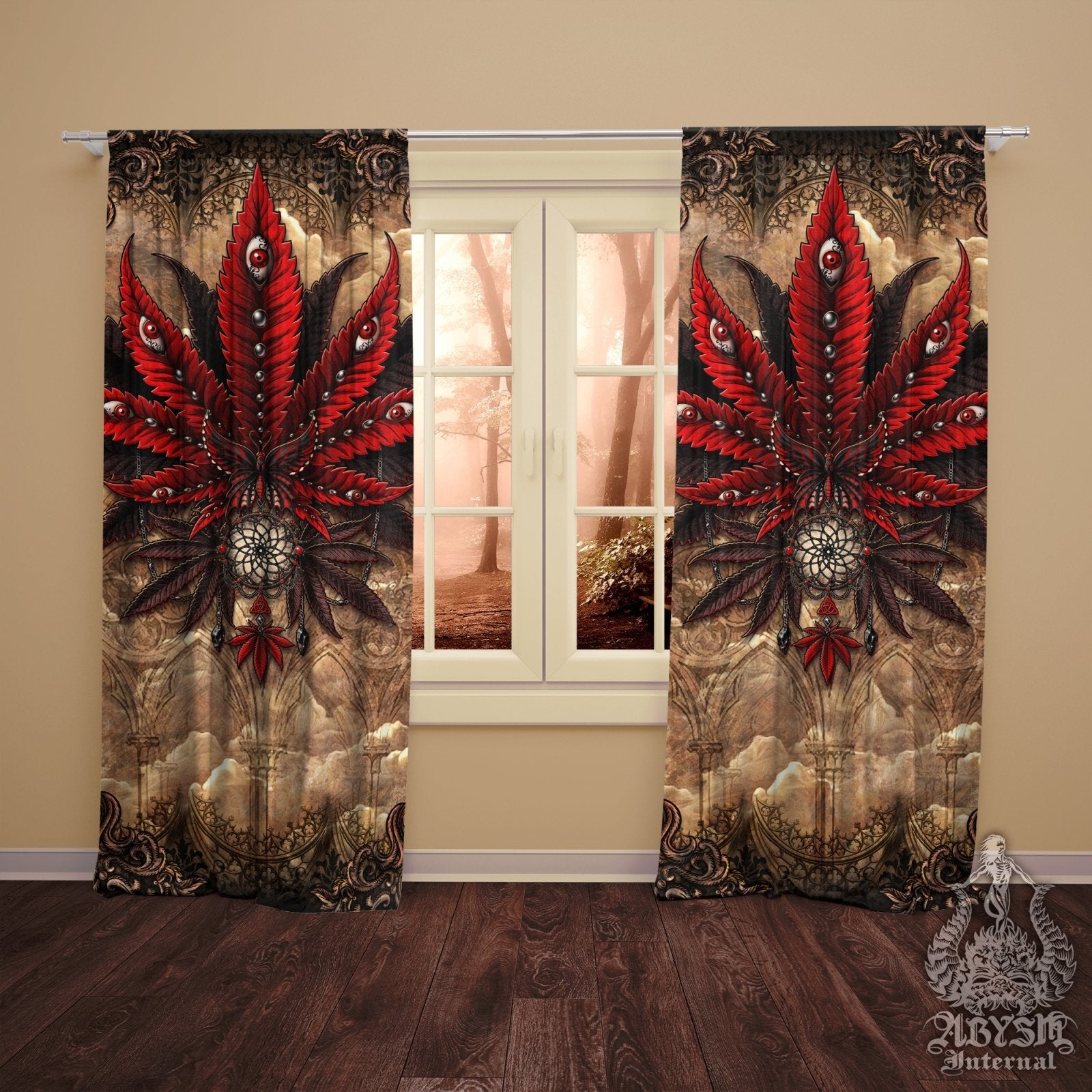 Gothic Weed Blackout Curtains, Cannabis Home and Shop Decor, Long Window Panels, Indie 420 Room Art Print - Horror Beige - Abysm Internal