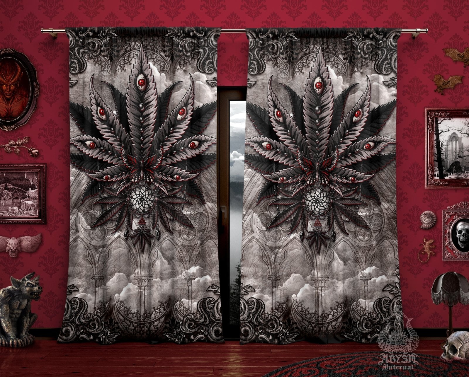 Gothic Weed Blackout Curtains, Cannabis Home and Shop Decor, Long Window Panels, Indie 420 Room Art Print - Horror Grey - Abysm Internal