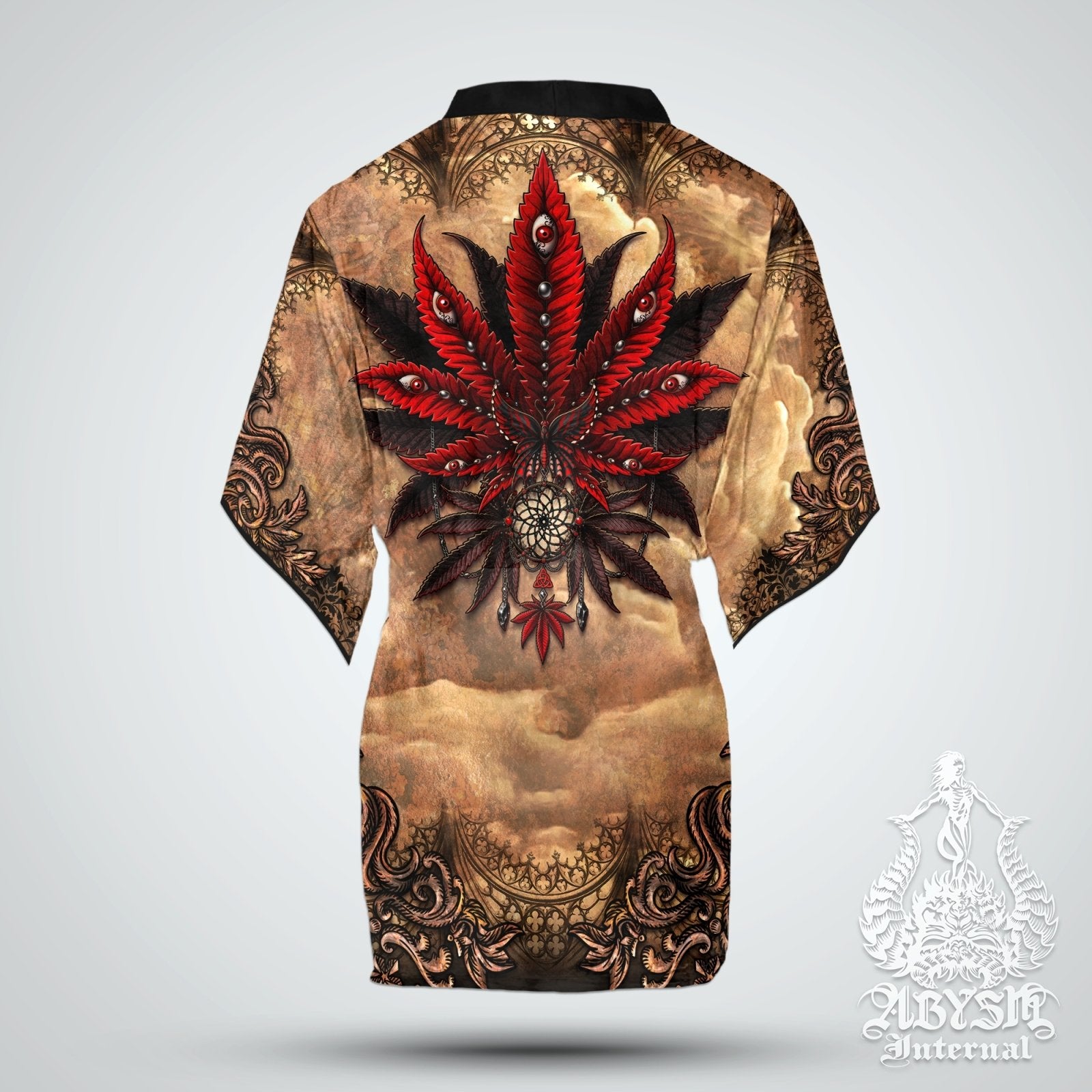 Gothic Weed Cover Up, Cannabis Outfit, Party Kimono, Goth Summer Festival Robe, 420 Gift, Alternative Clothing, Unisex - Marijuana, Horror Beige - Abysm Internal