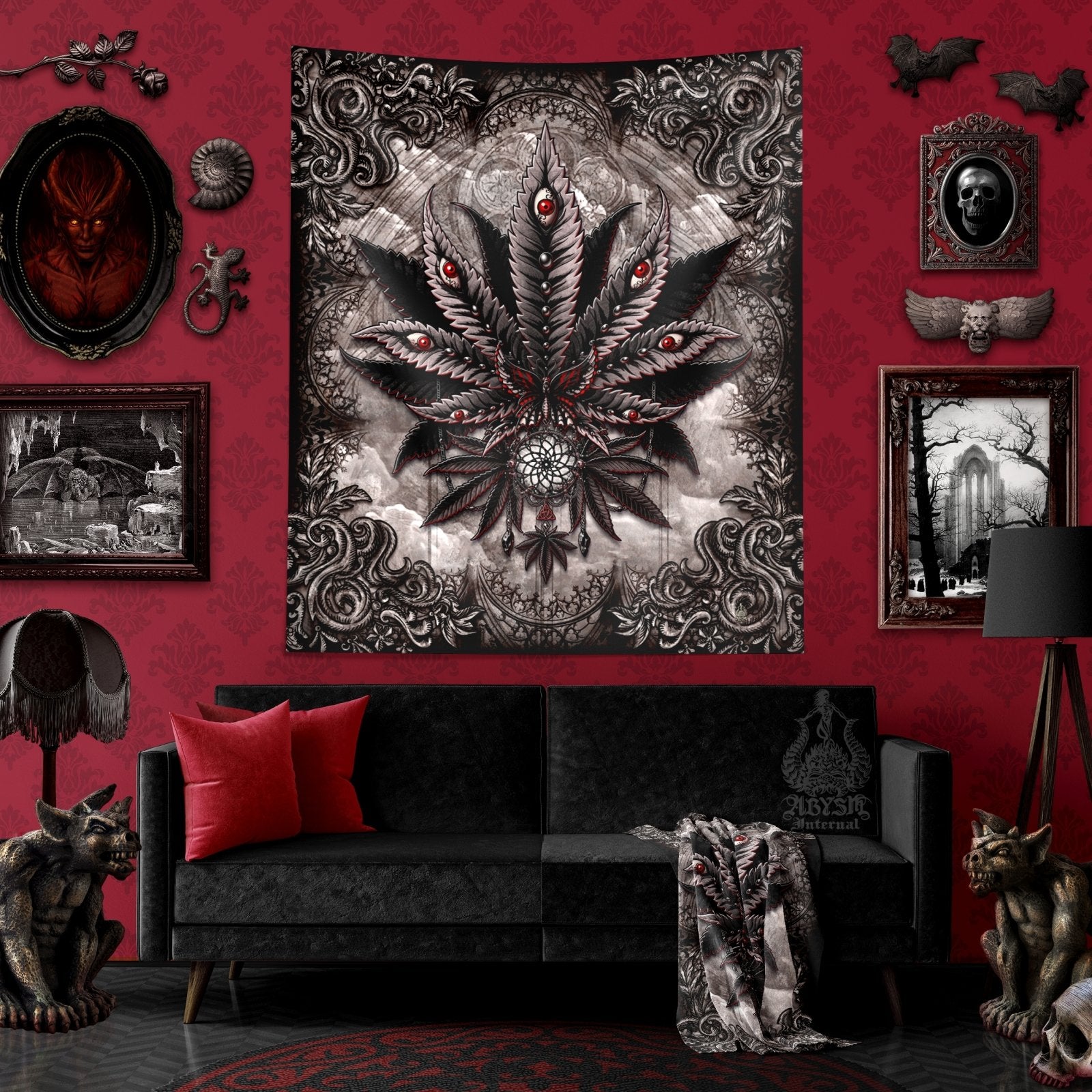 Gothic Weed Tapestry, Cannabis Shop Decor, Marijuana Wall Hanging, Goth Home Decor, Art Print, 420 Gift - Horror Grey - Abysm Internal